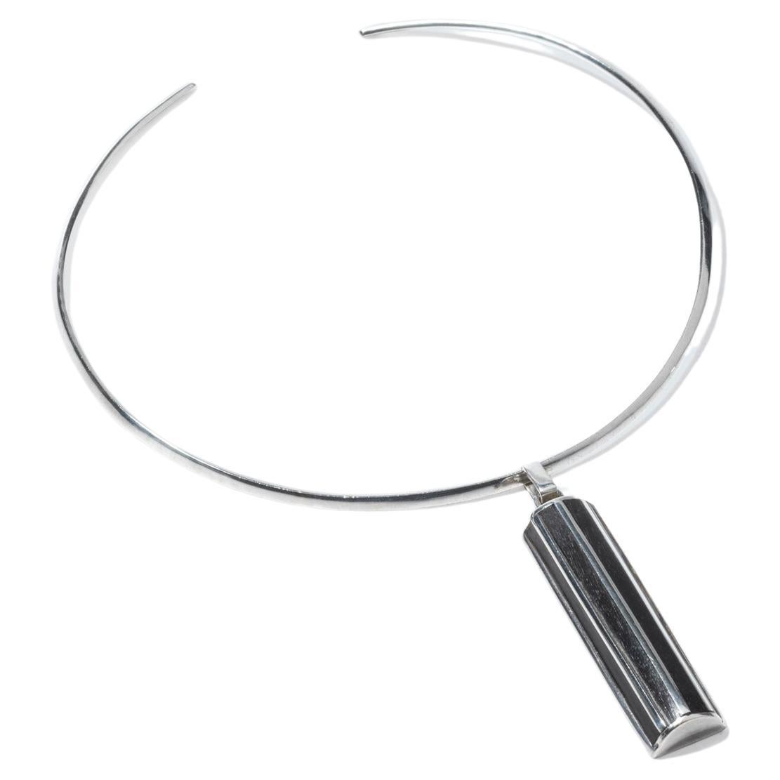 Swedish Silver Neck Ring / Silver and Ebony Pendant, early 21st c For Sale