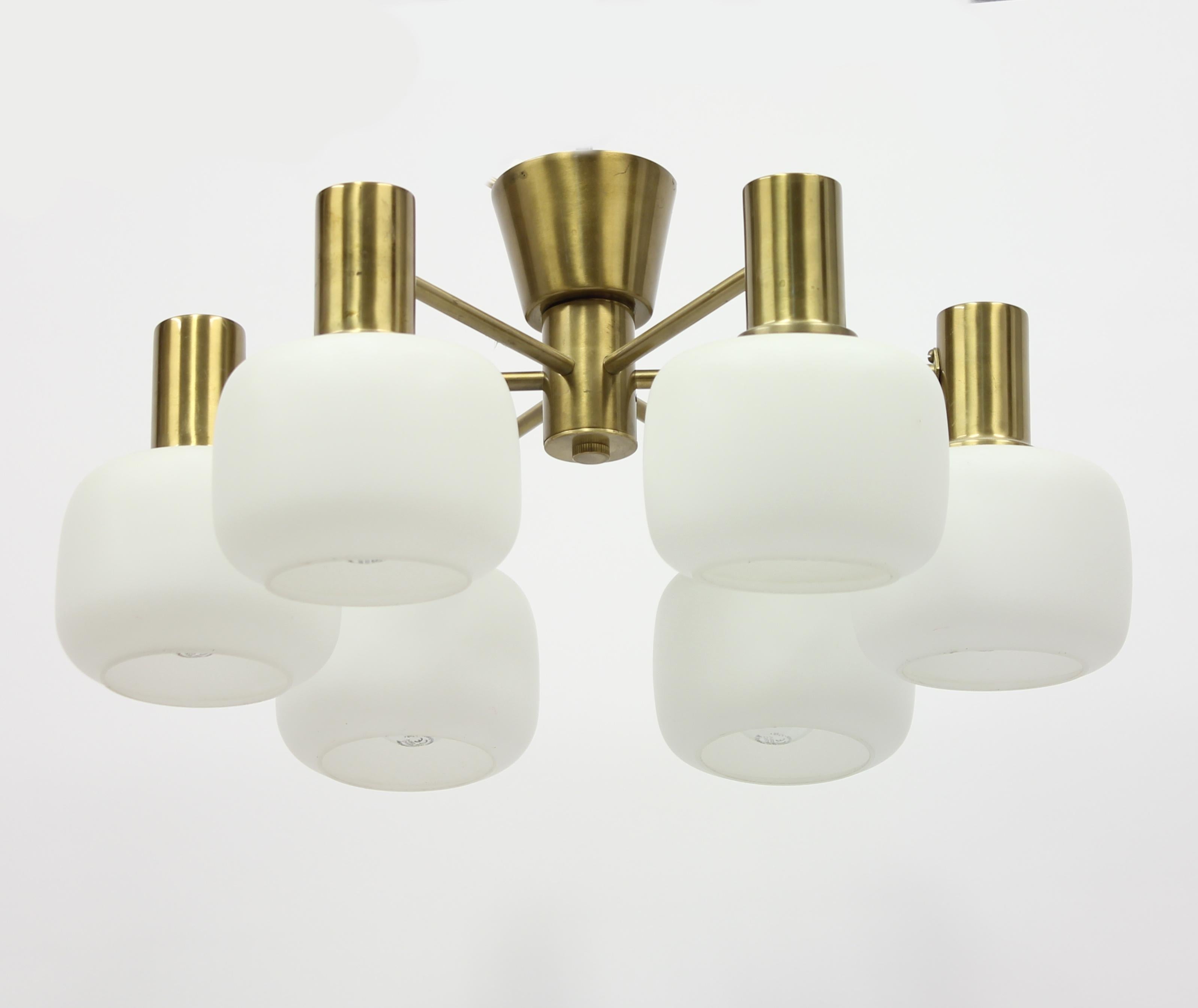 Medium size ceiling light with six lights, shades in opaline glass on a brass frame. made by Swedish manufacturer ASEA. Very good vintage condition, new wiring.