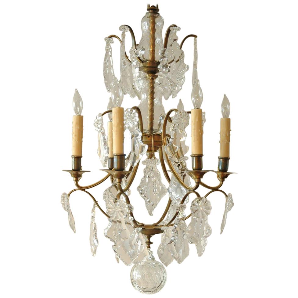 Swedish Six-Light Chandelier with Cut Crystal Leaf Shaped Prisms, circa 1870 For Sale