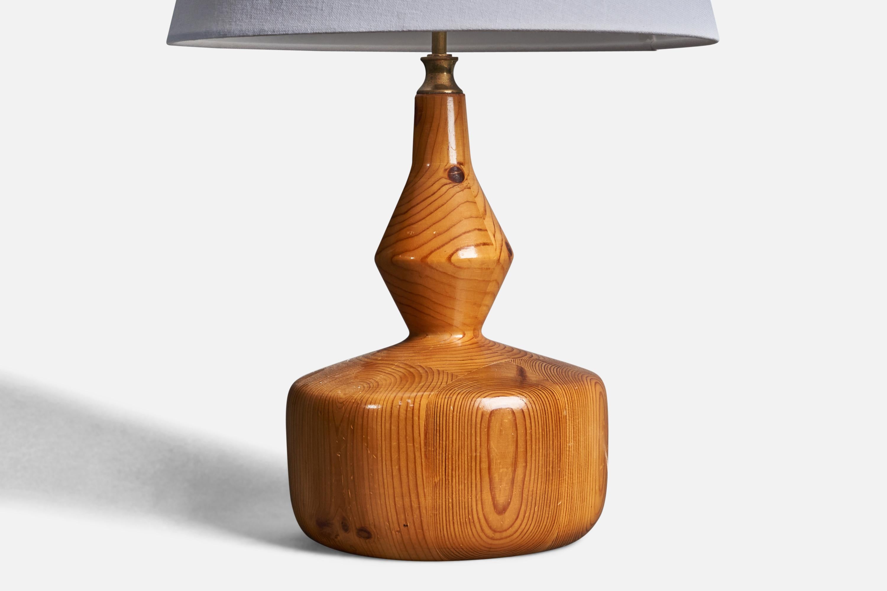 Modern Swedish, Sizable Minimalist Table Lamp, Solid Pine, Brass, Fabric, Sweden, 1970s For Sale
