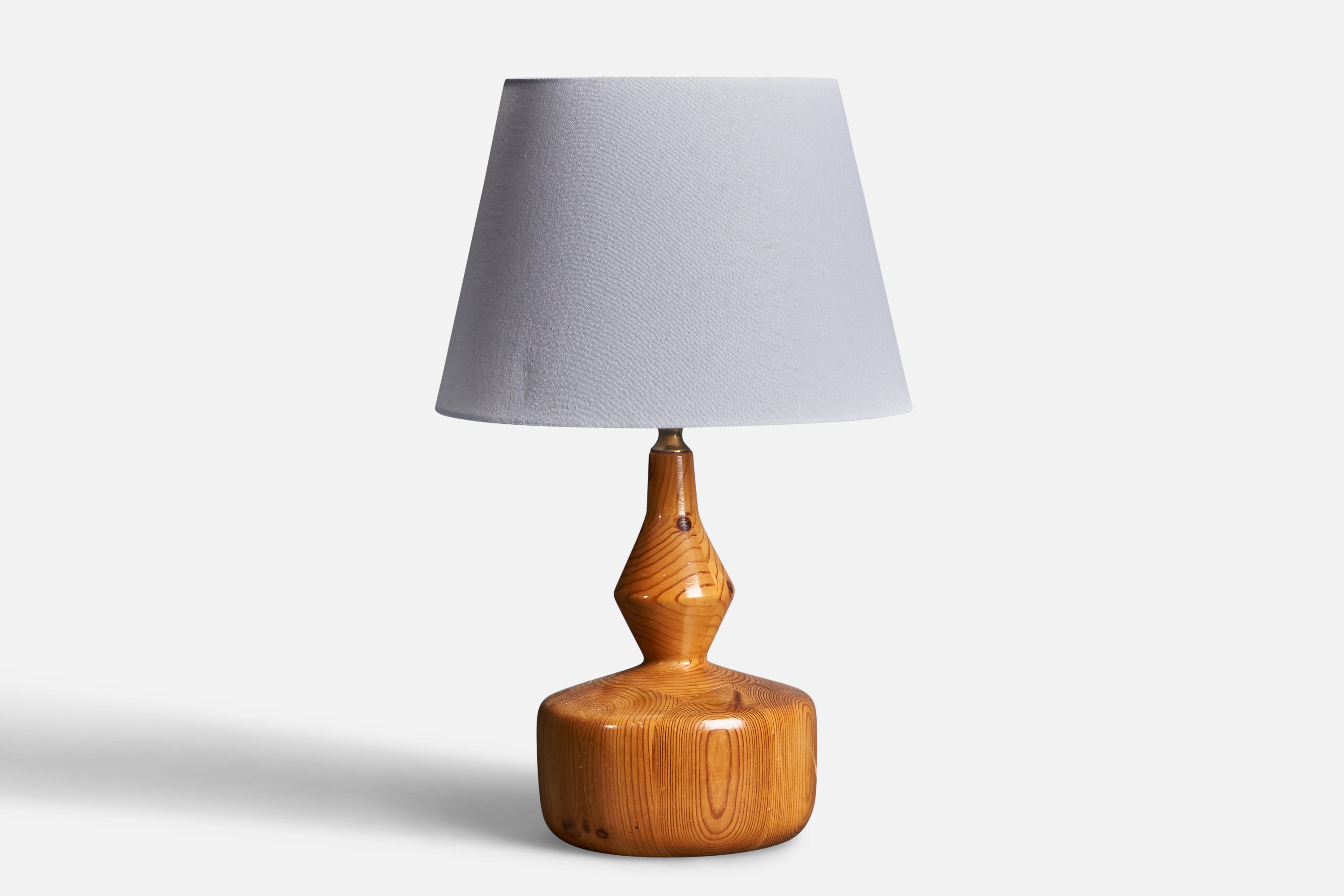 Swedish, Sizable Minimalist Table Lamp, Solid Pine, Brass, Fabric, Sweden, 1970s