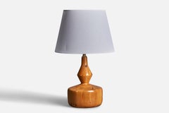 Vintage Swedish, Sizable Minimalist Table Lamp, Solid Pine, Brass, Fabric, Sweden, 1970s