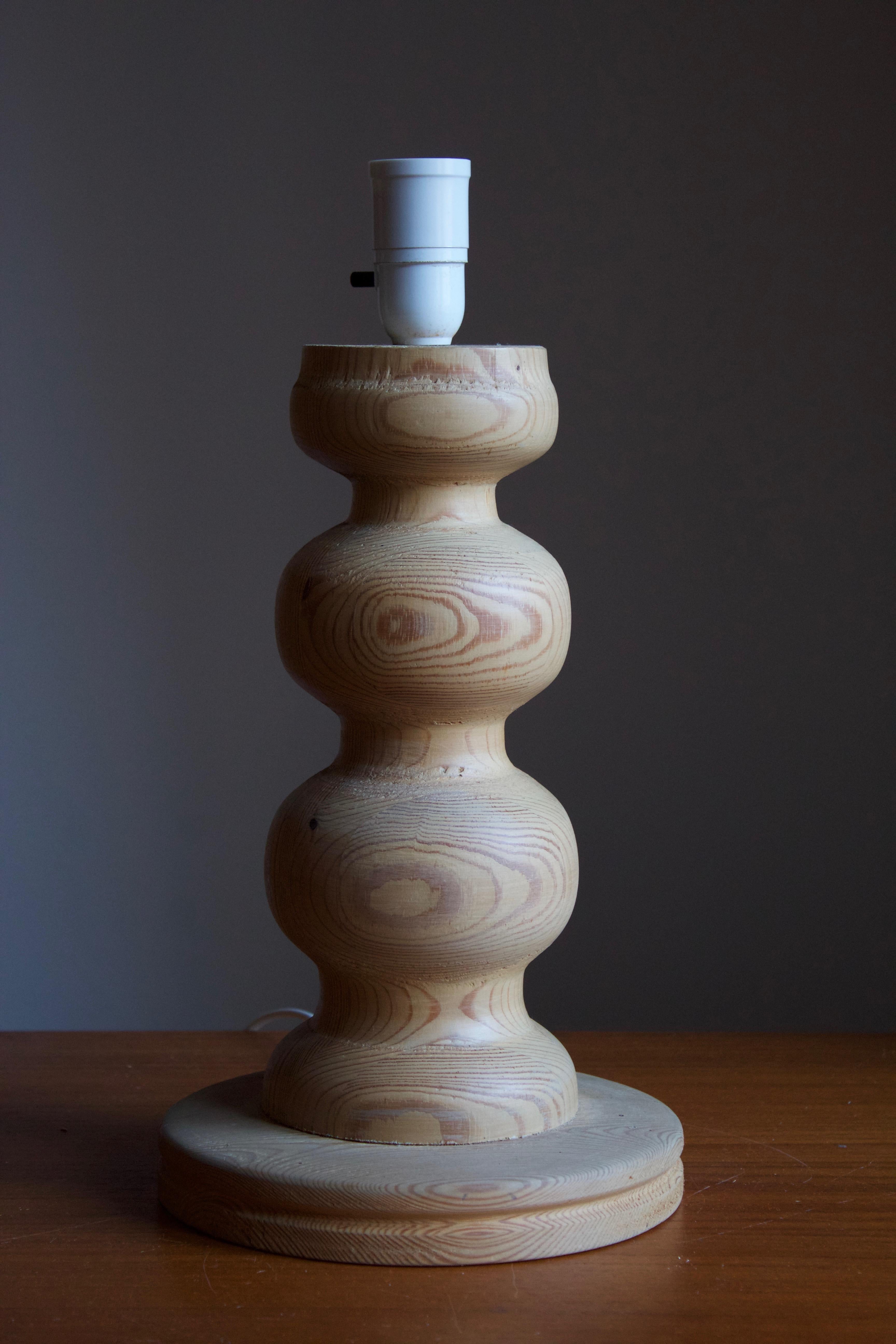 Mid-Century Modern Swedish, Sizable Minimalist Table Lamp, Turned Solid Pine, Sweden, 1970s