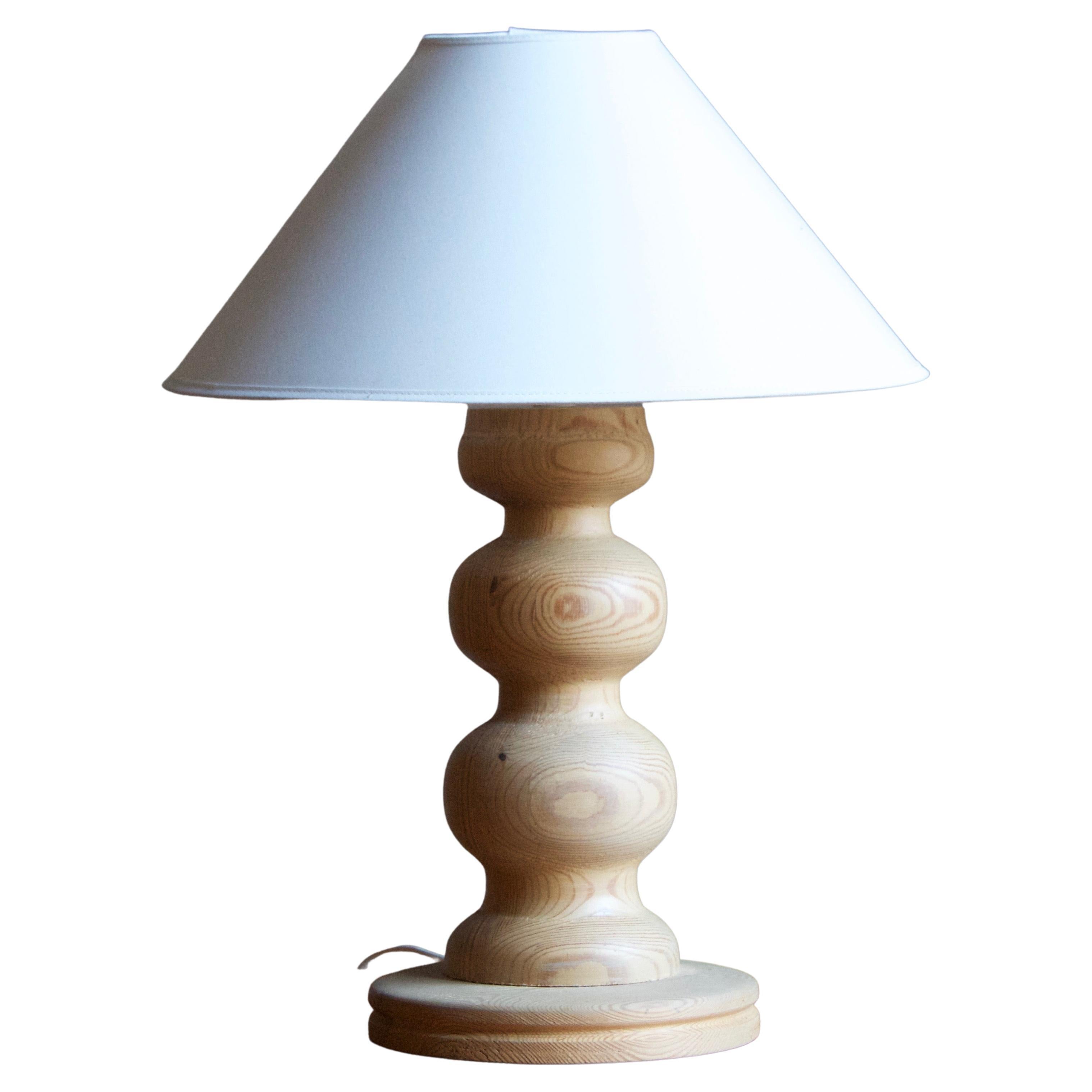 Swedish, Sizable Minimalist Table Lamp, Turned Solid Pine, Sweden, 1970s