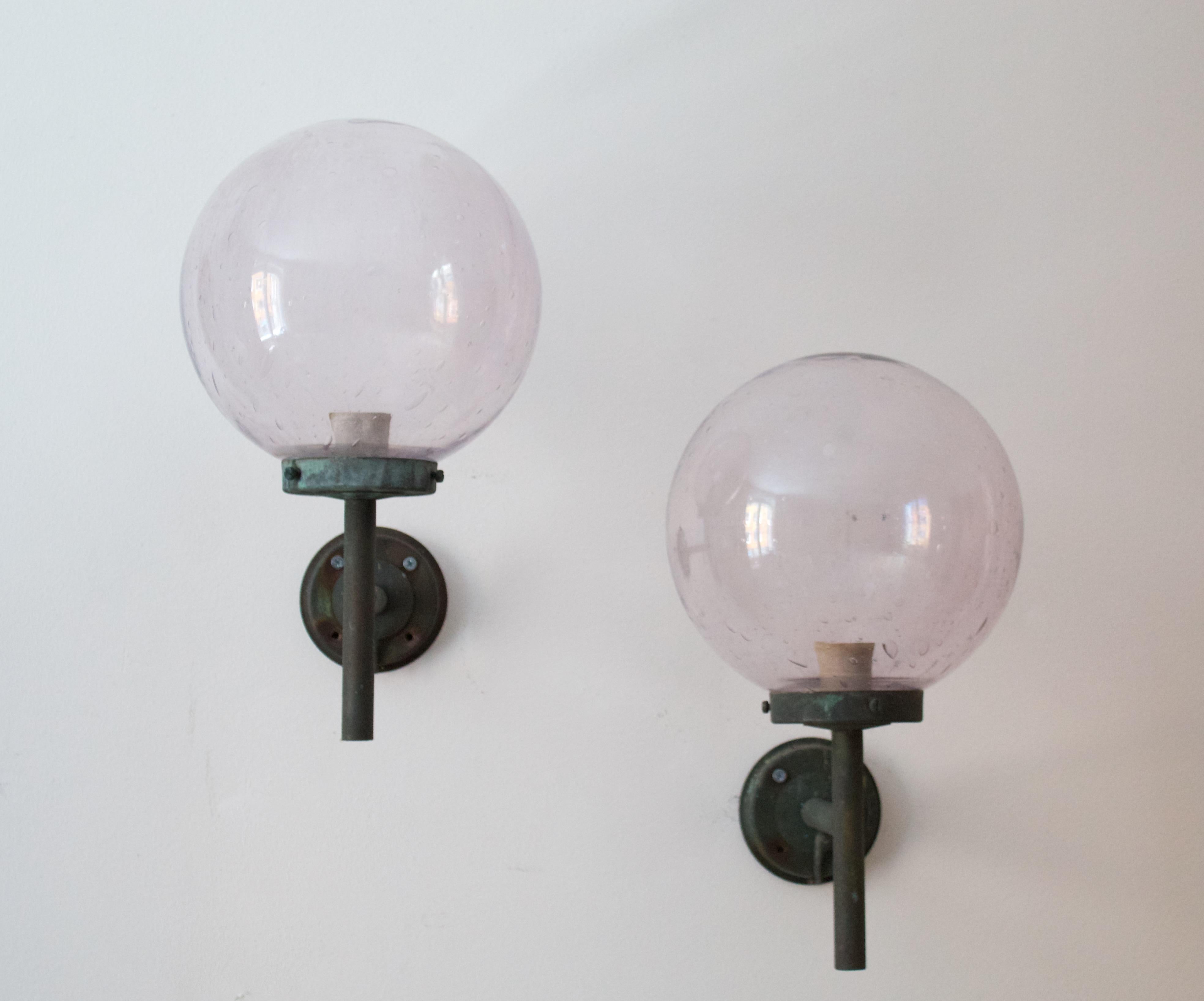 Mid-Century Modern Swedish, Sizable Wall Lights, Patinated Copper, Blown Glass, Sweden, 1950s
