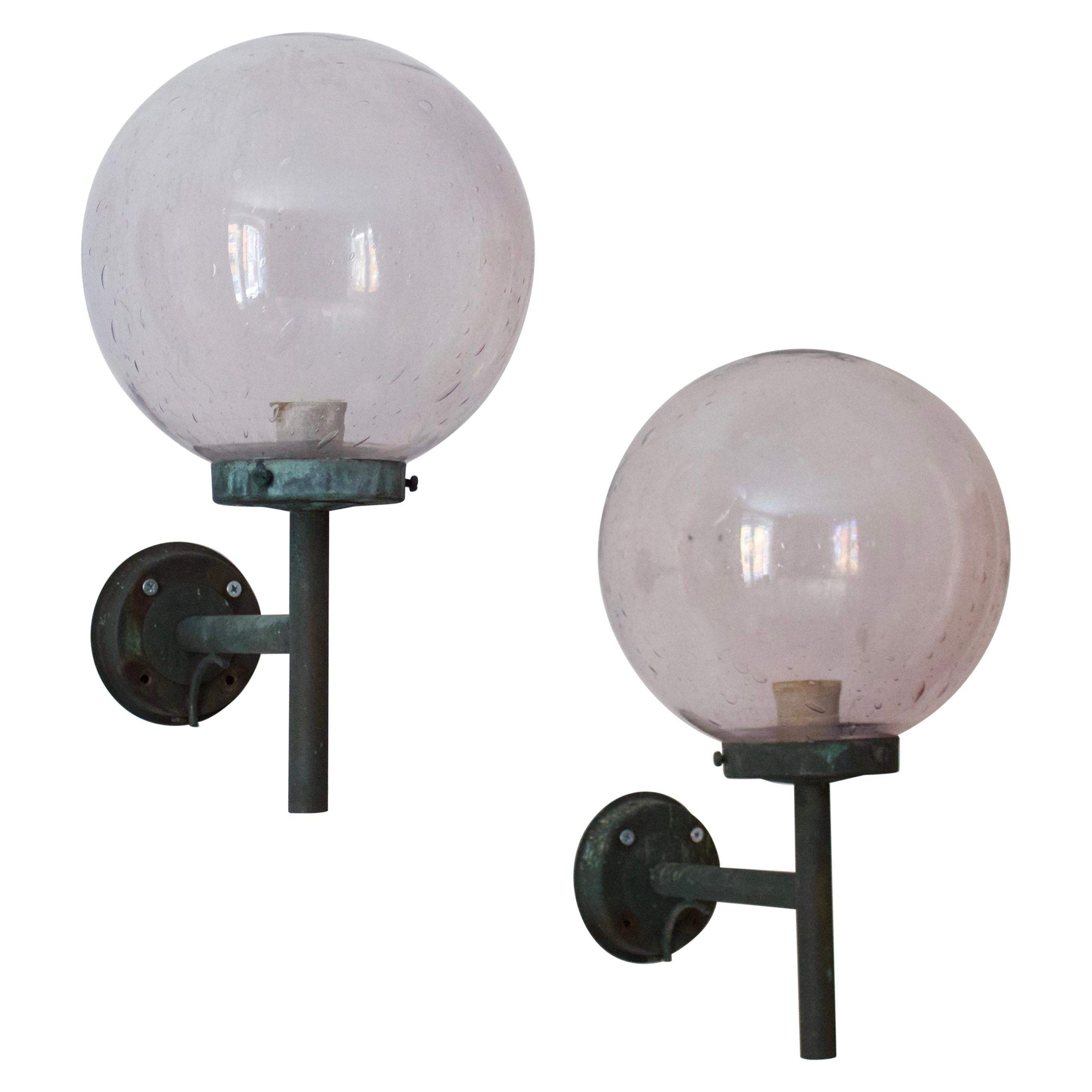 Swedish, Sizable Wall Lights, Patinated Copper, Blown Glass, Sweden, 1950s