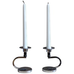 Swedish, Small Functionalist Candlesticks, Metal, Painted Wood, Sweden, 1940s