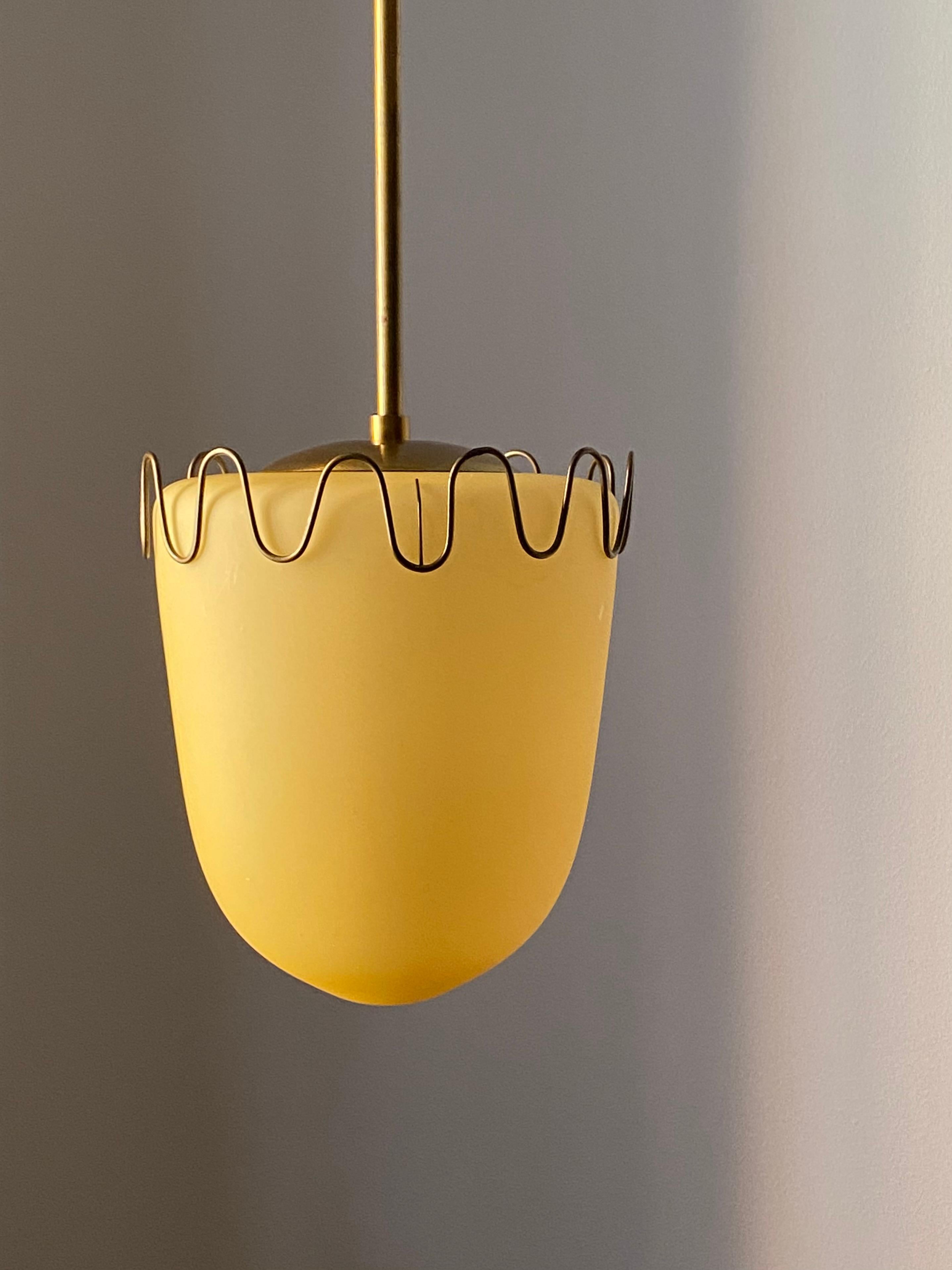 A small ceiling light / pendant light. Designed and produced in Sweden, 1940s. Features simple organic ornamentation. 

Other designers of the period include Paolo Buffa, Josef Frank, Jean Royère, Paavo Tynell, Lisa Johansson Pape.