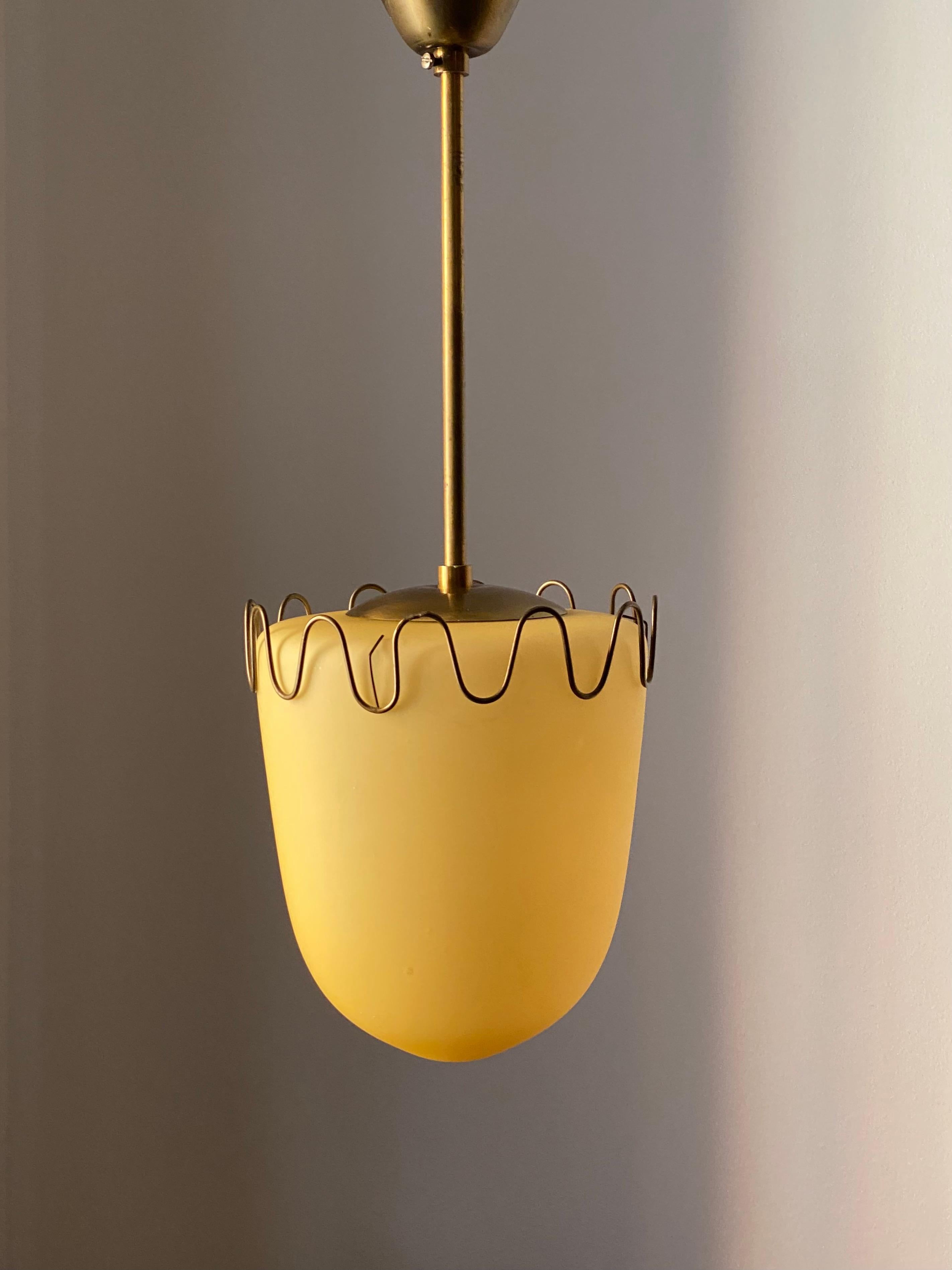 Scandinavian Modern Swedish, Small Functionalist Pendant Light, Brass, Colored Glass, Sweden, 1940s