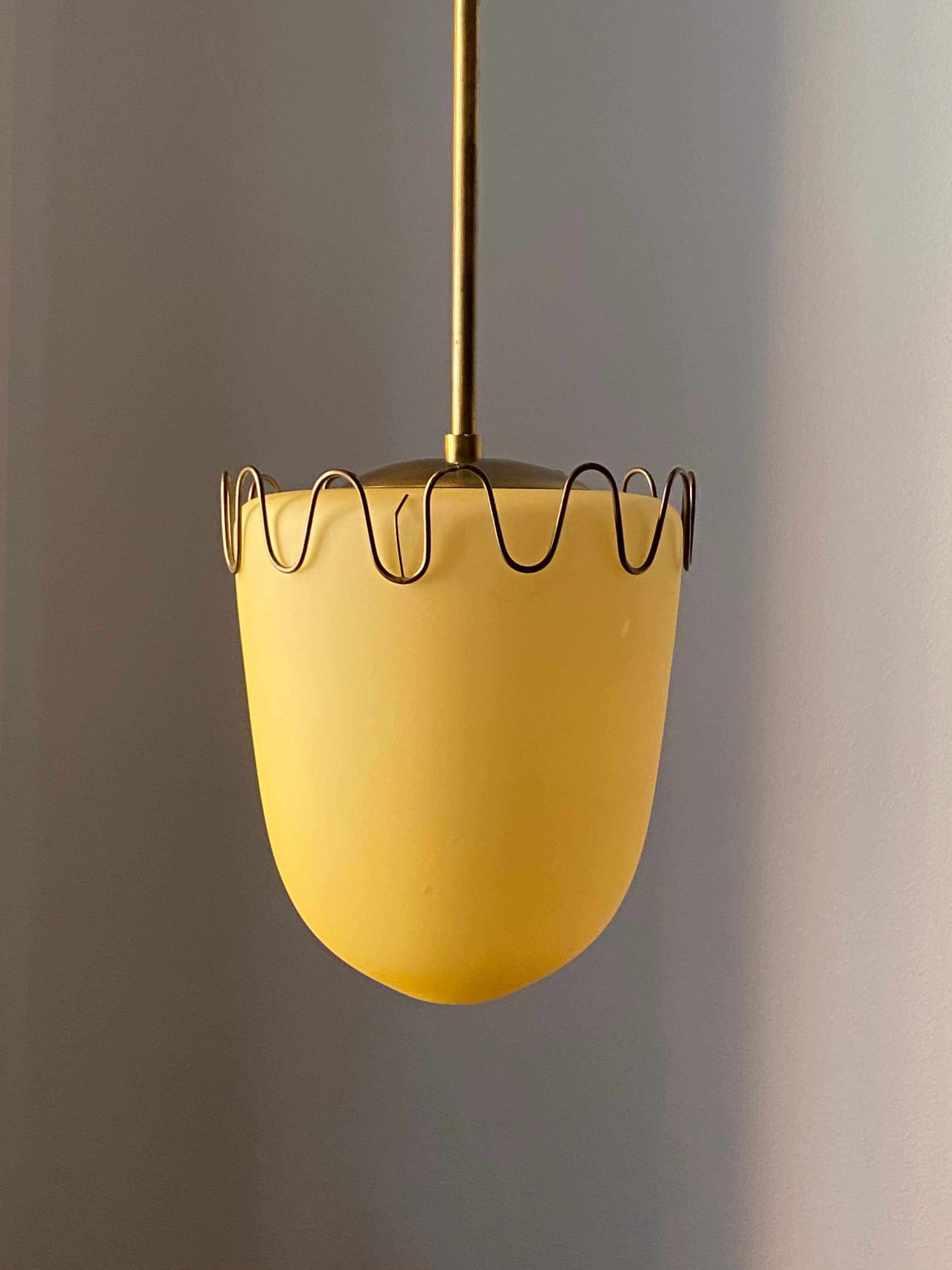 Swedish, Small Functionalist Pendant Light, Brass, Colored Glass, Sweden, 1940s In Good Condition In High Point, NC