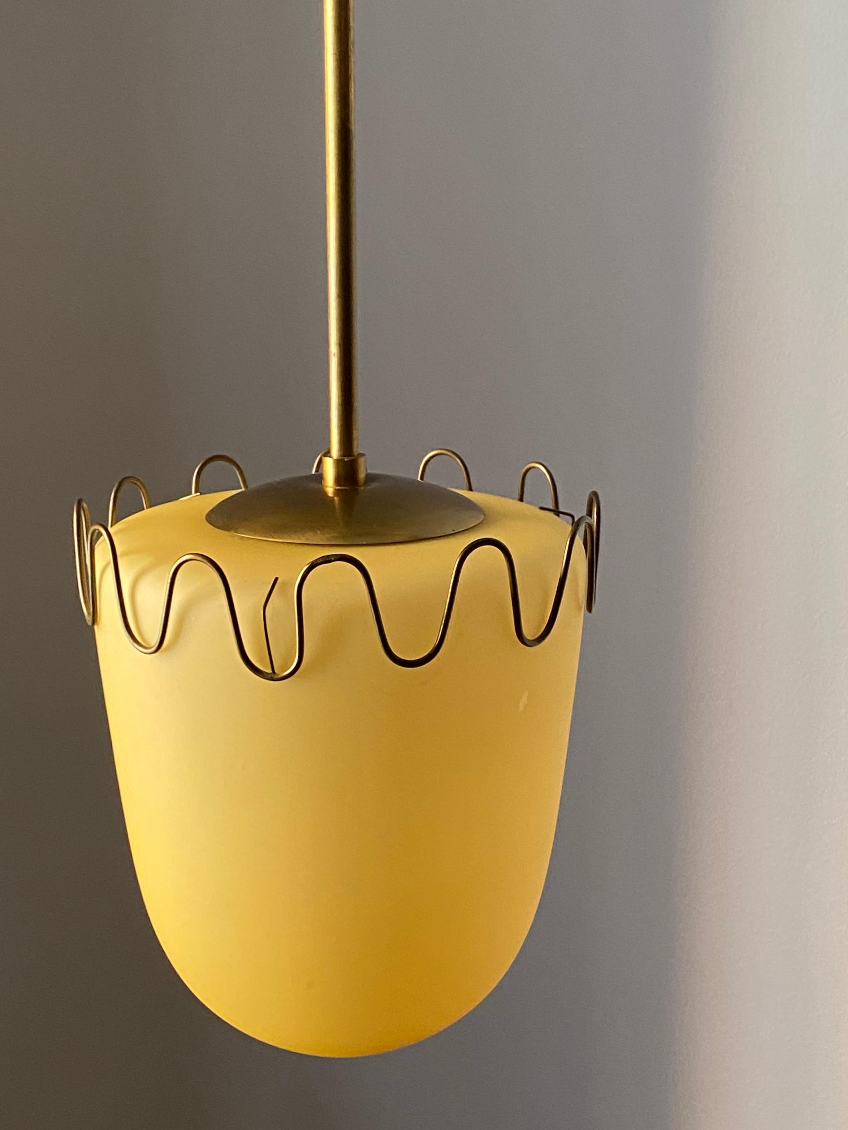 Mid-20th Century Swedish, Small Functionalist Pendant Light, Brass, Colored Glass, Sweden, 1940s
