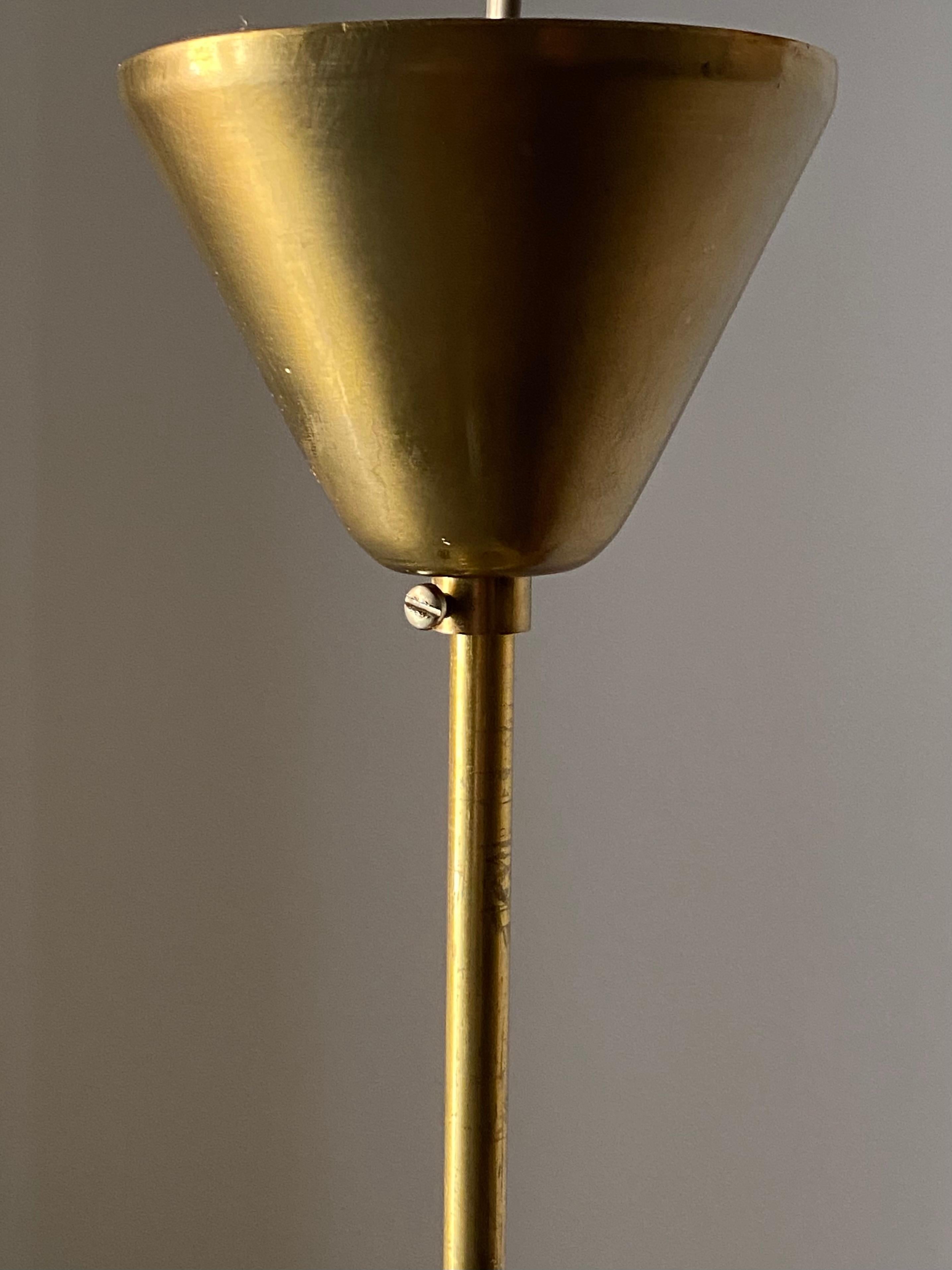 Swedish, Small Functionalist Pendant Light, Brass, Colored Glass, Sweden, 1940s 2