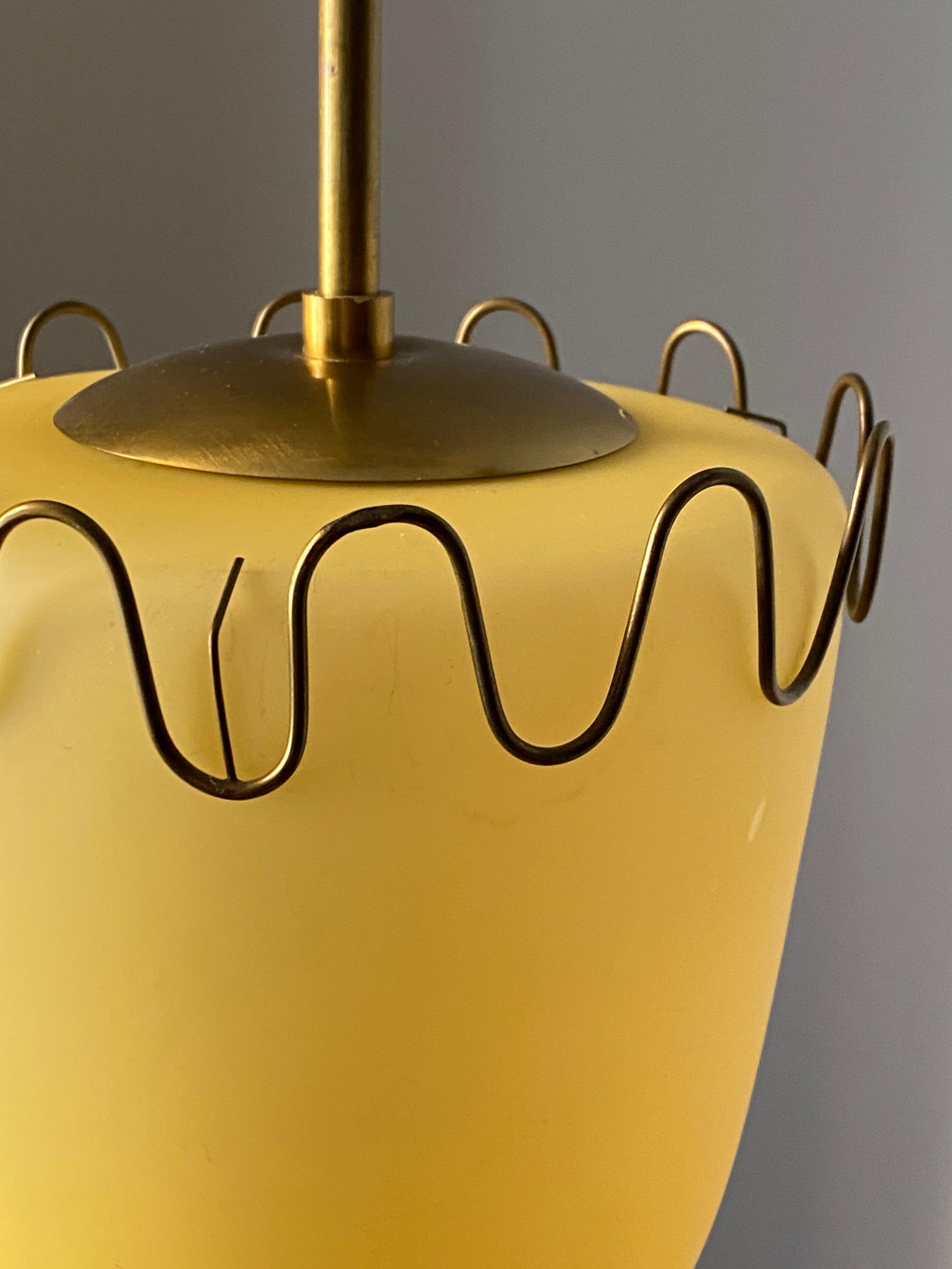 Swedish, Small Functionalist Pendant Light, Brass, Colored Glass, Sweden, 1940s 3