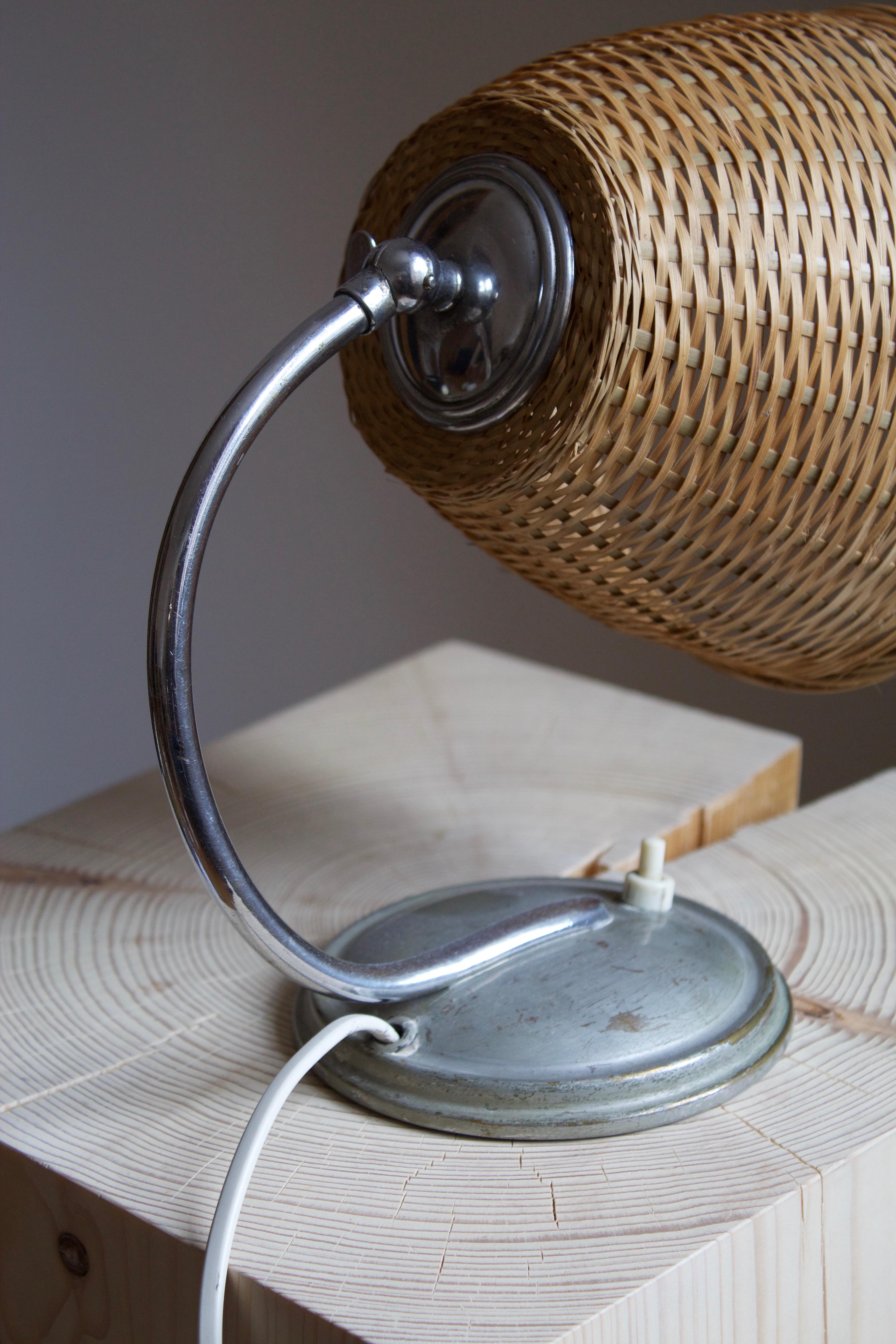 Mid-20th Century Swedish, Small Functionalist Table Lamp, Metal, Rattan, c. 1940s