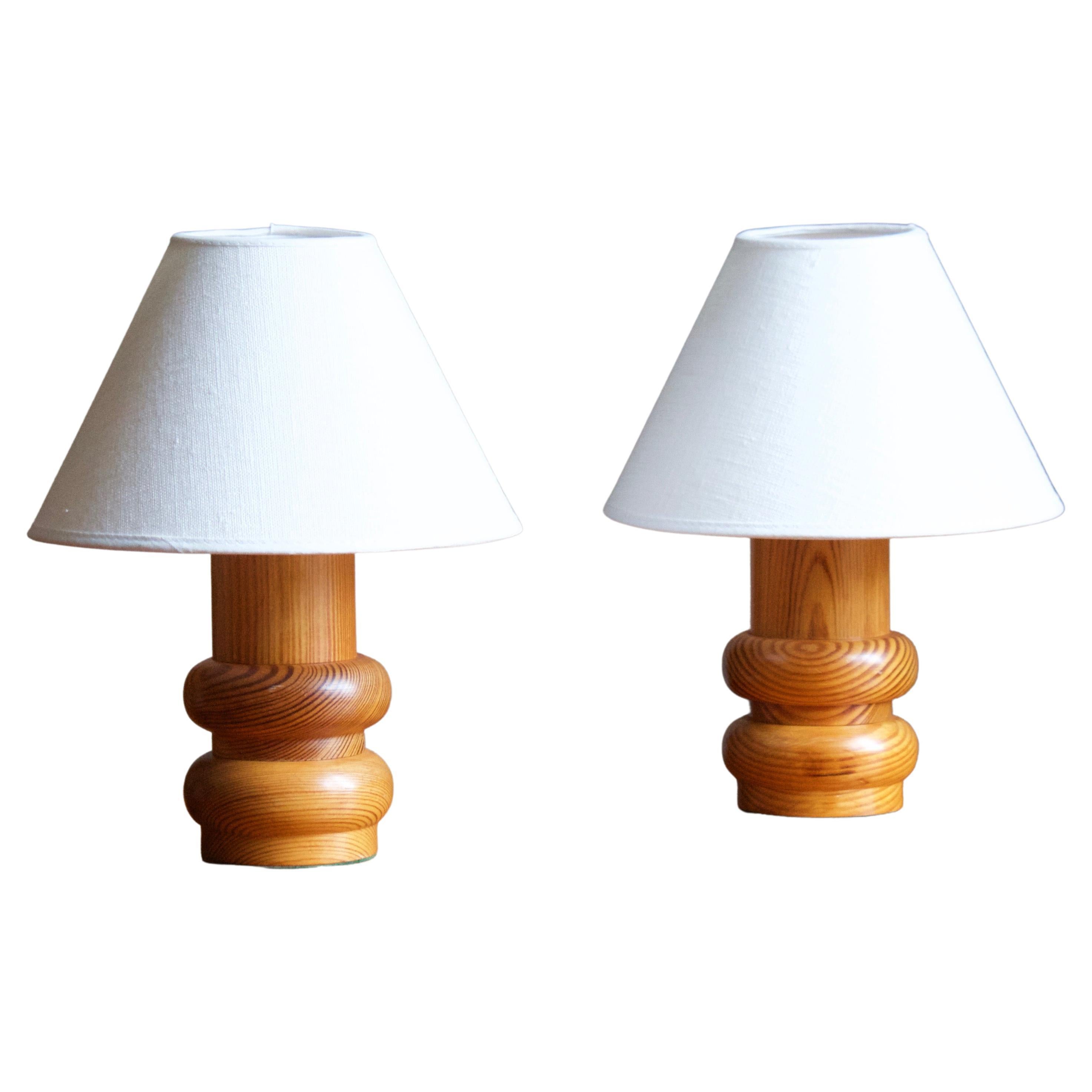 Swedish, Small Minimalist Table Lamps, Turned Solid Pine, Sweden, 1970s