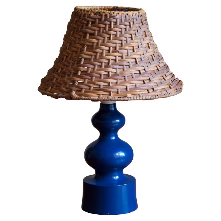 Swedish, Small Organic Table Lamp, Blue Painted Wood, Sweden, 1960s For Sale