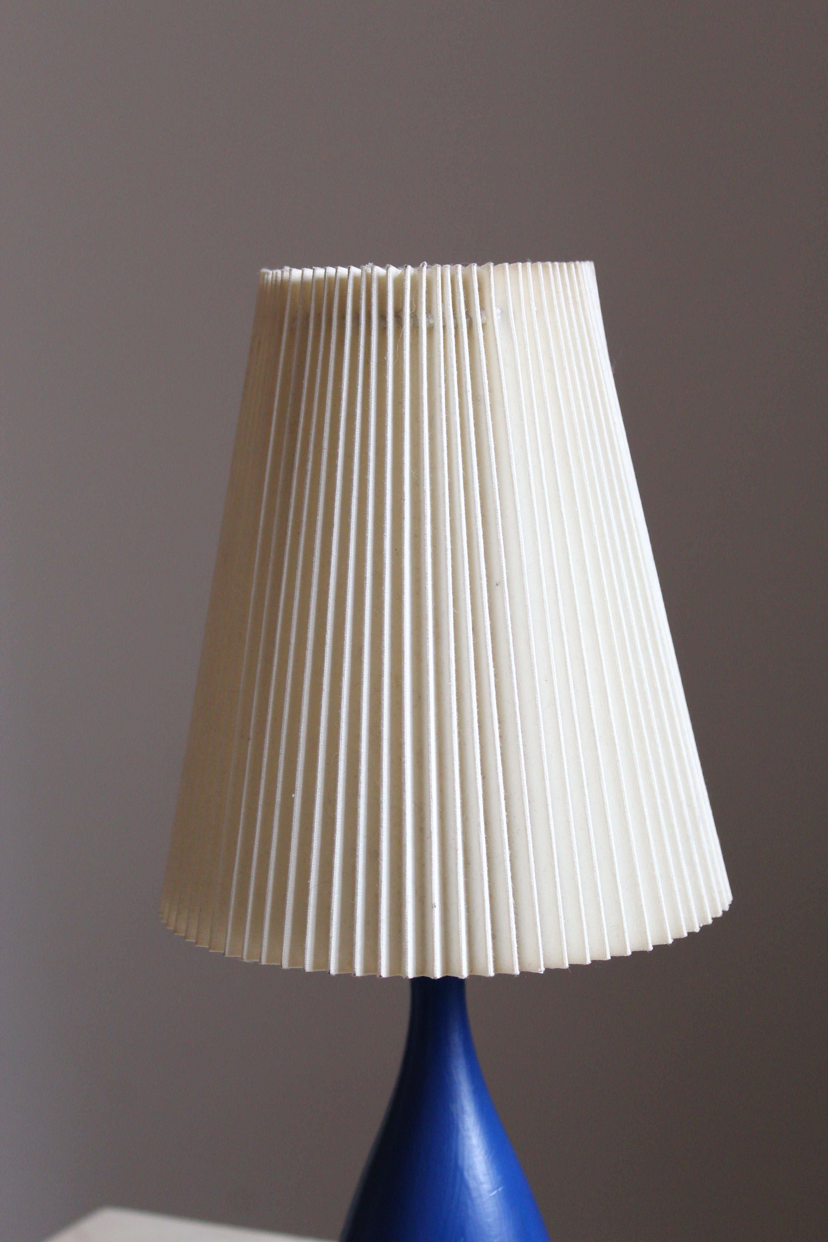 Mid-Century Modern Swedish, Small Table Lamp, Blue-Painted Wood, Paper, Sweden, 1960s