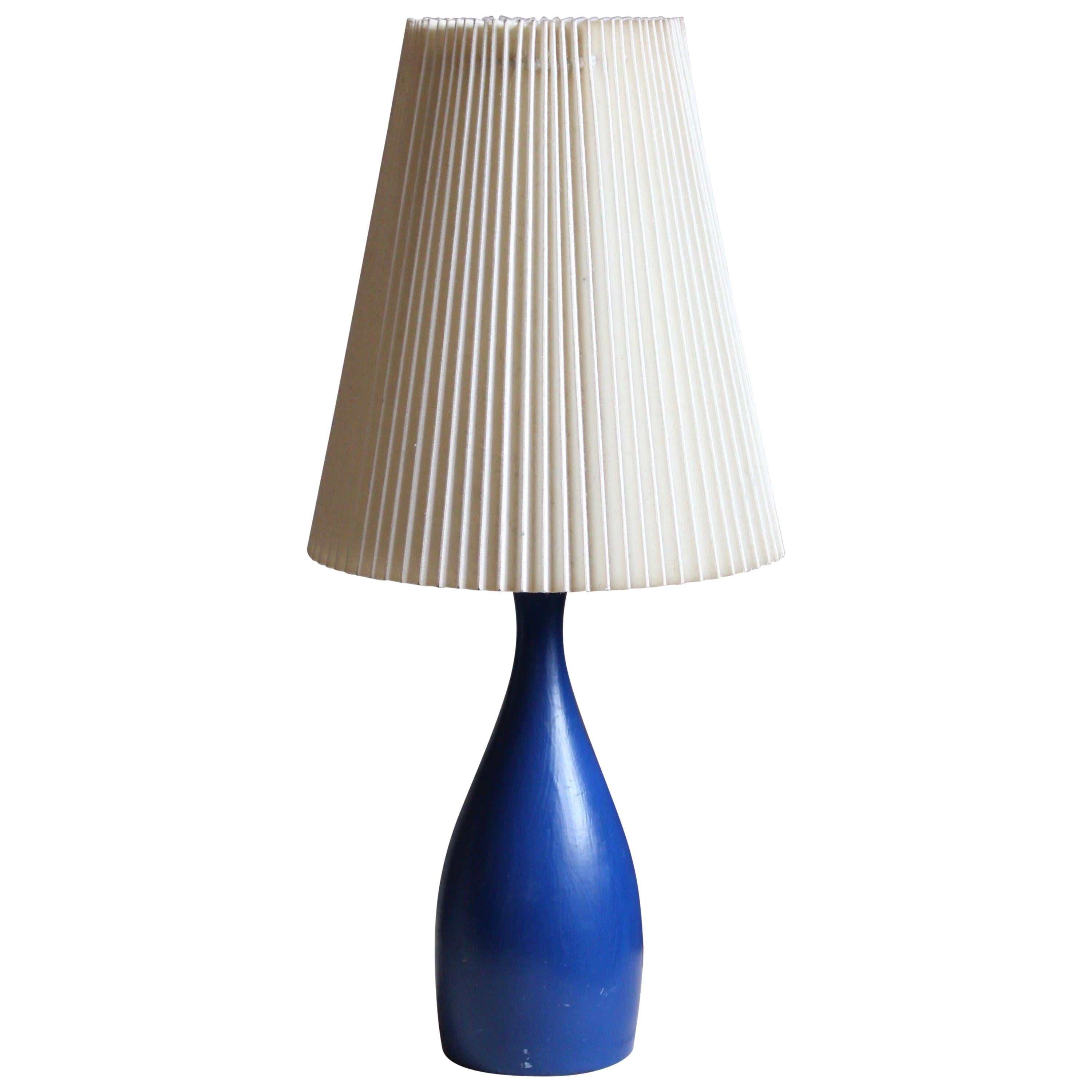 Swedish, Small Table Lamp, Blue-Painted Wood, Paper, Sweden, 1960s