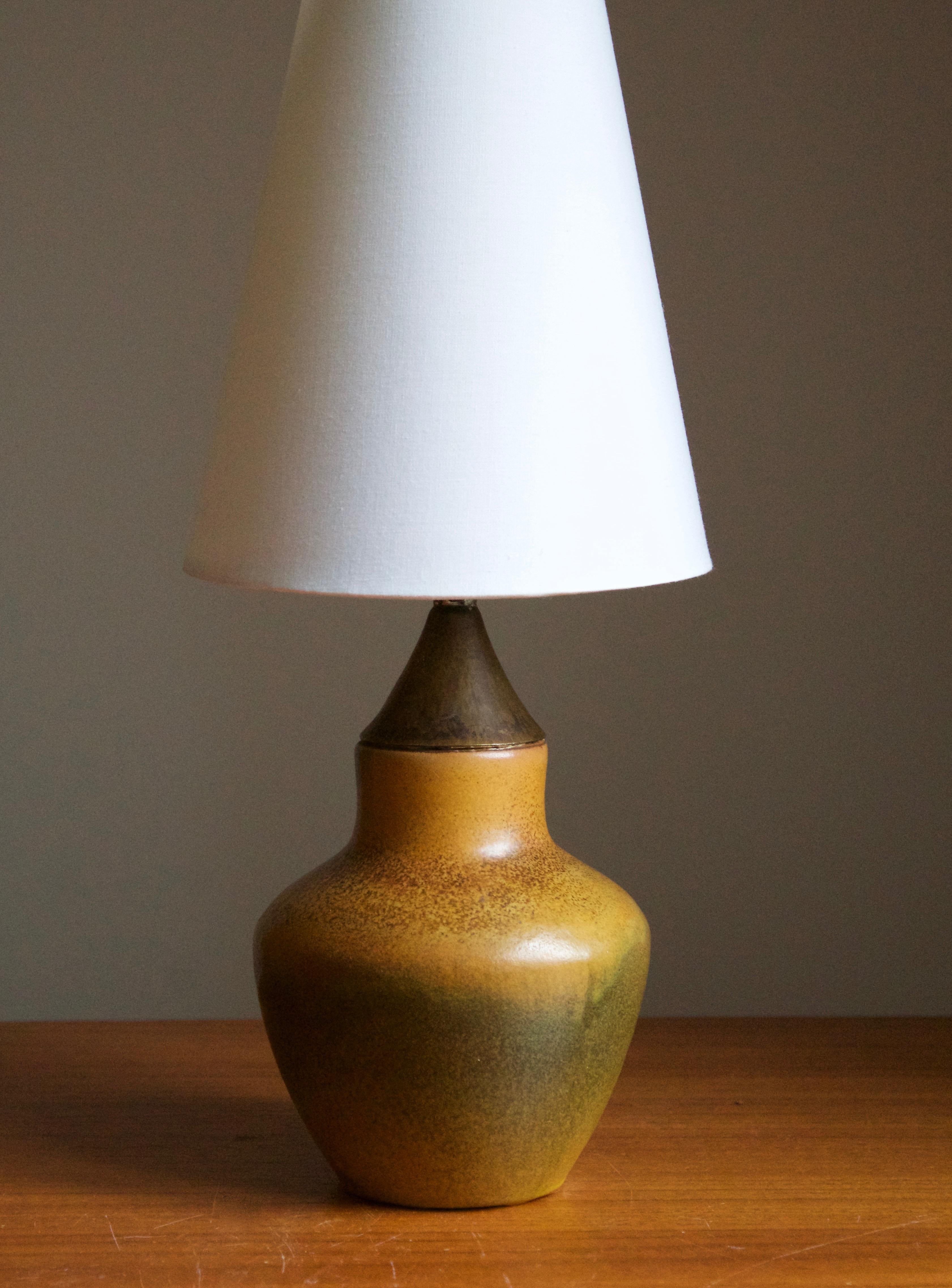 Scandinavian Modern Swedish, Small Table Lamp, Glazed Ceramic, Brass, Fabric, Sweden, 1940s