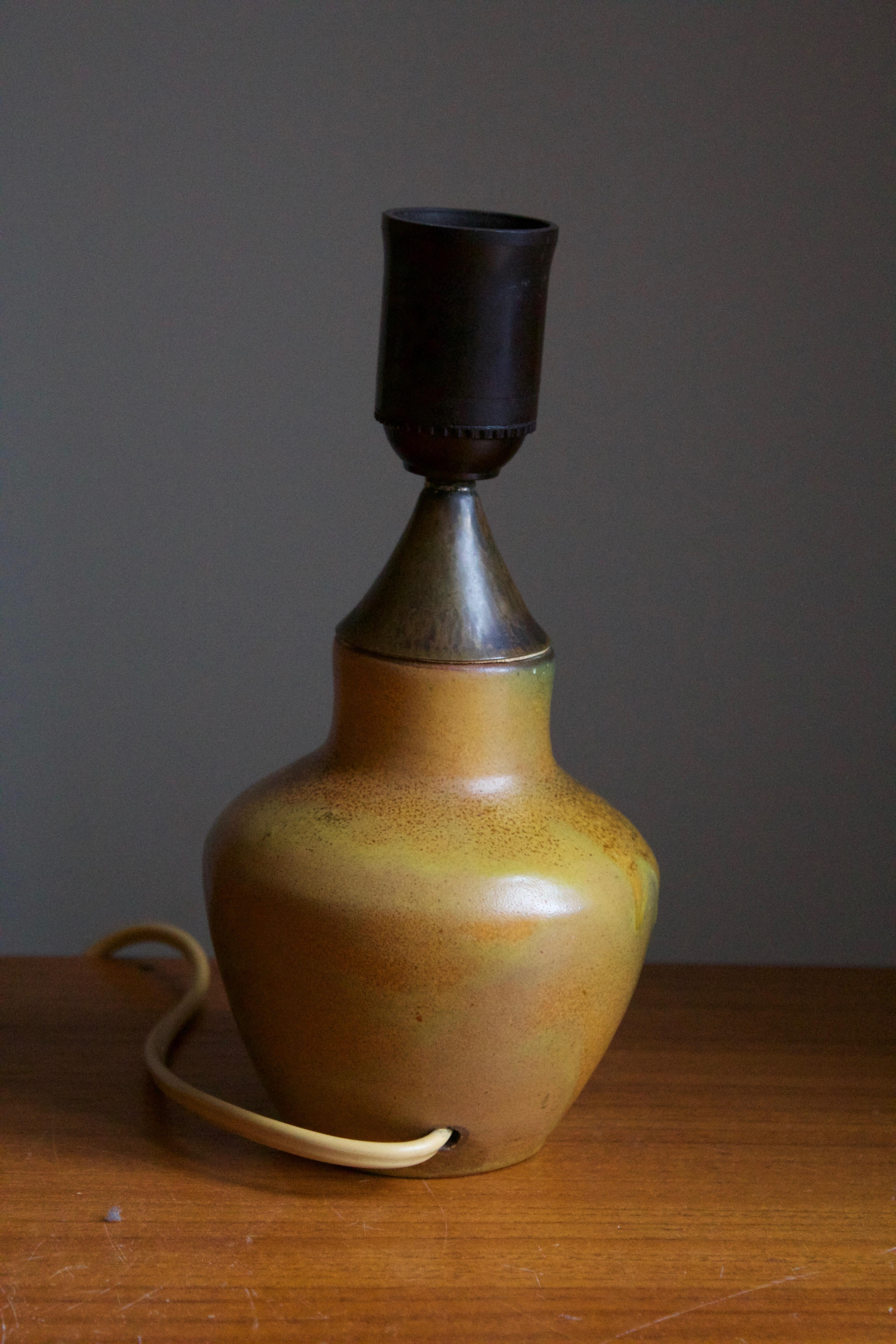 Mid-20th Century Swedish, Small Table Lamp, Glazed Ceramic, Brass, Fabric, Sweden, 1940s