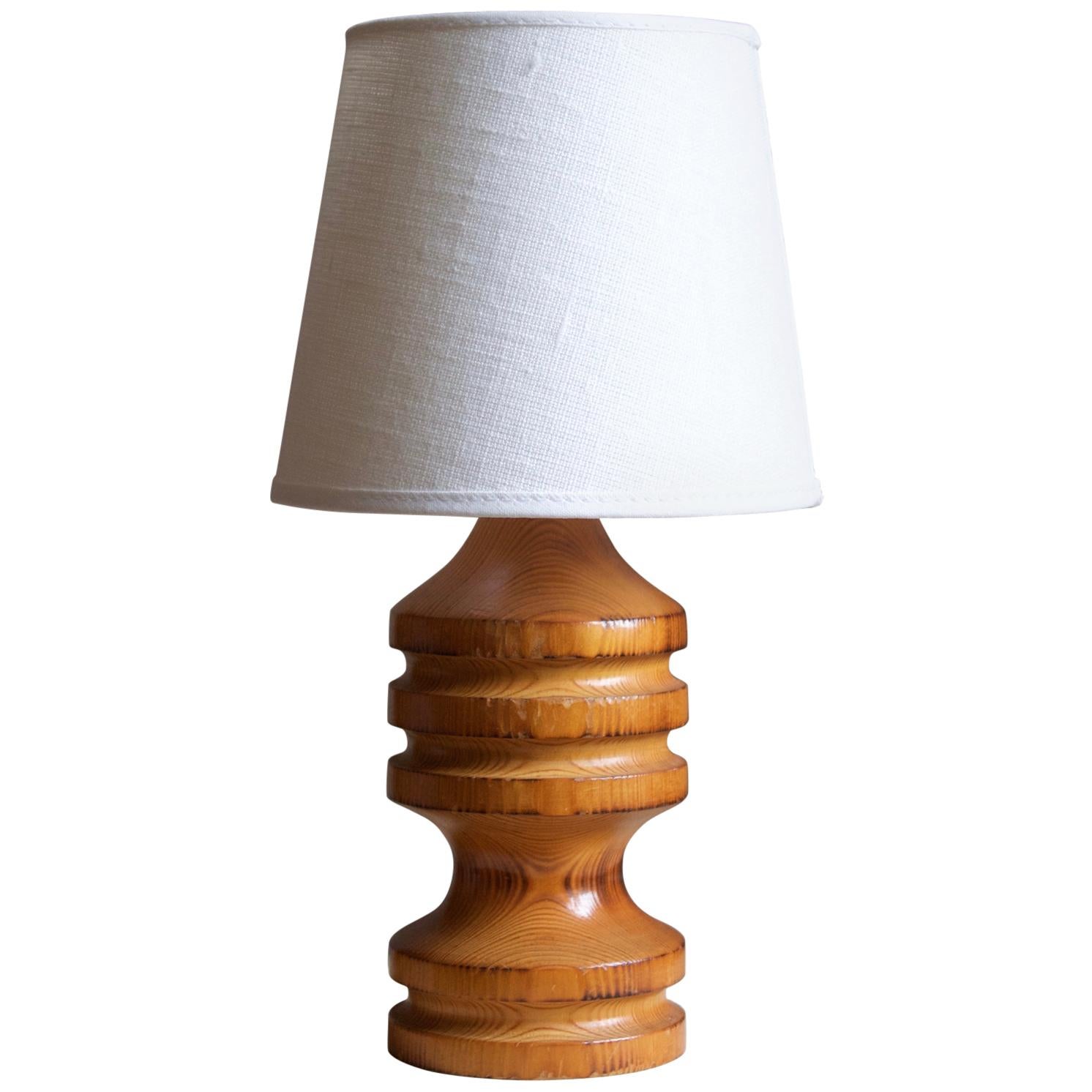 Swedish, Small Table Lamp, Solid Pine, Linen, Sweden, 1960s