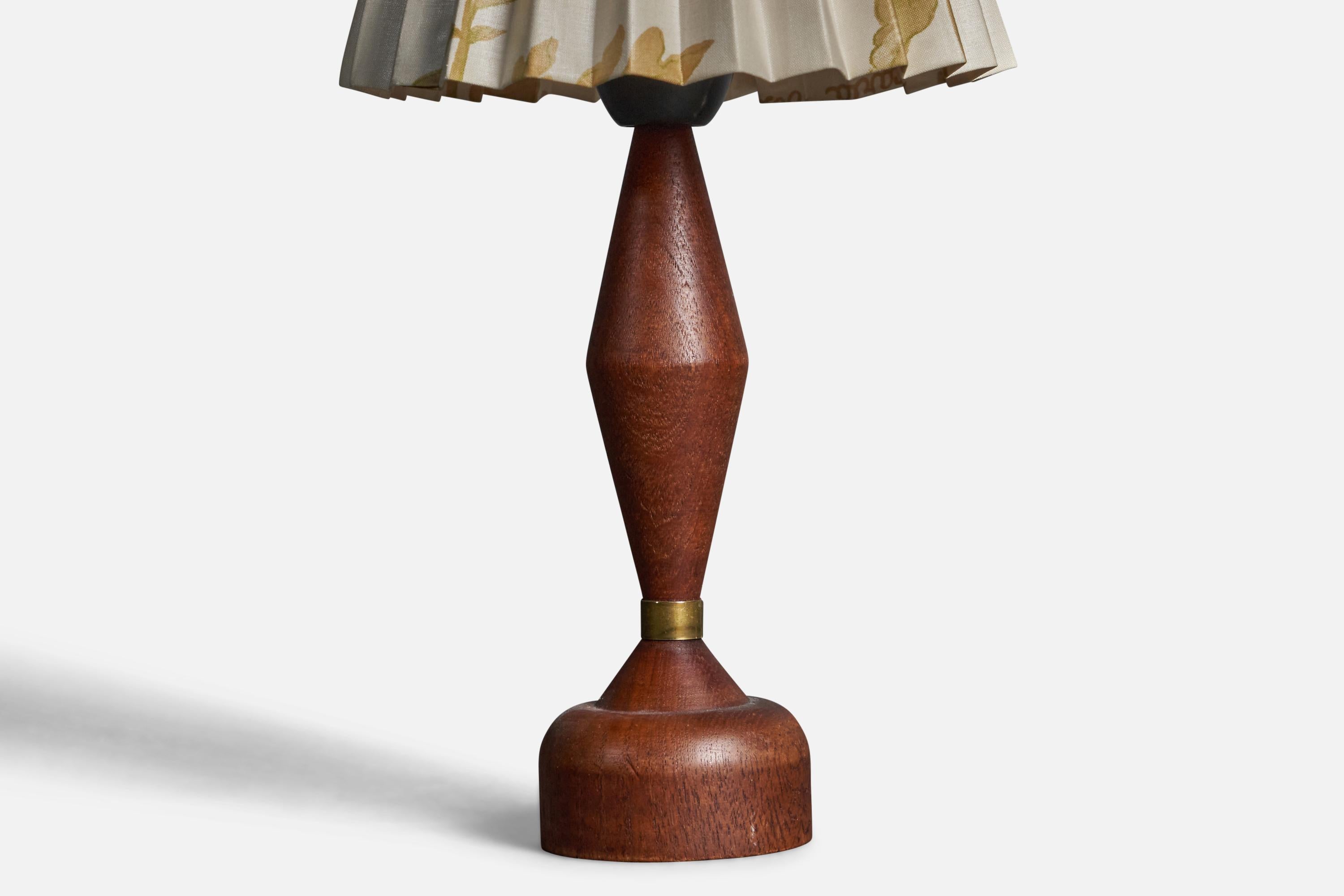 Mid-Century Modern Swedish, Small Table Lamp, Teak, Brass, Linen, Sweden, 1960s For Sale