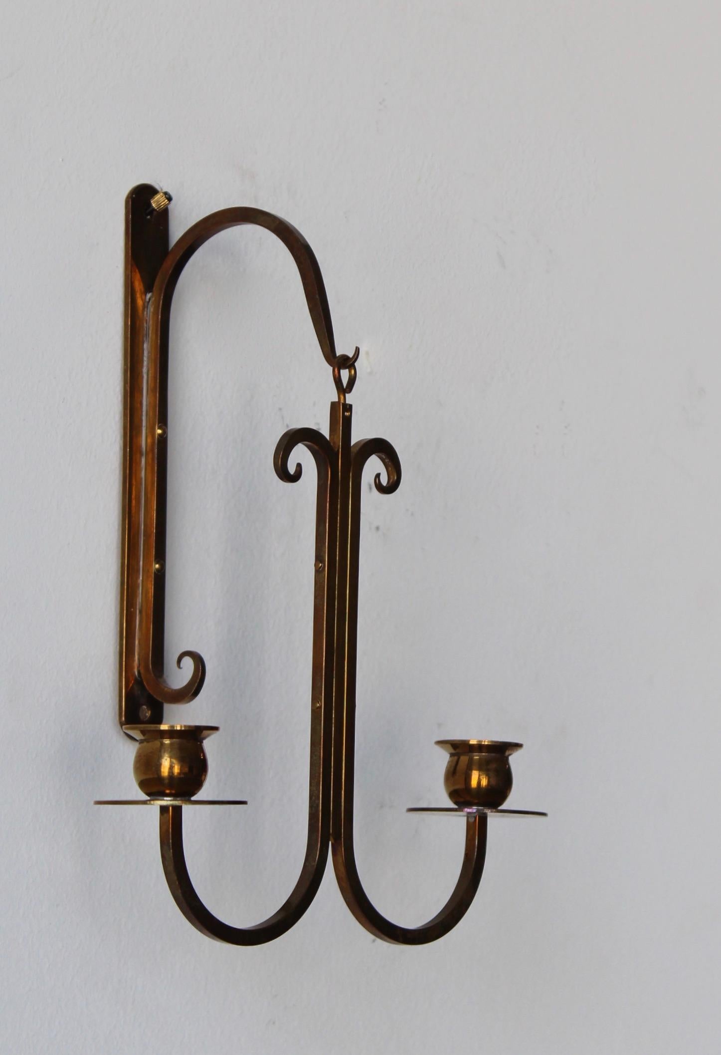 Swedish, Small Wall Candleholders / Candle Sconces, Brass, Sweden, 1940s In Good Condition In High Point, NC