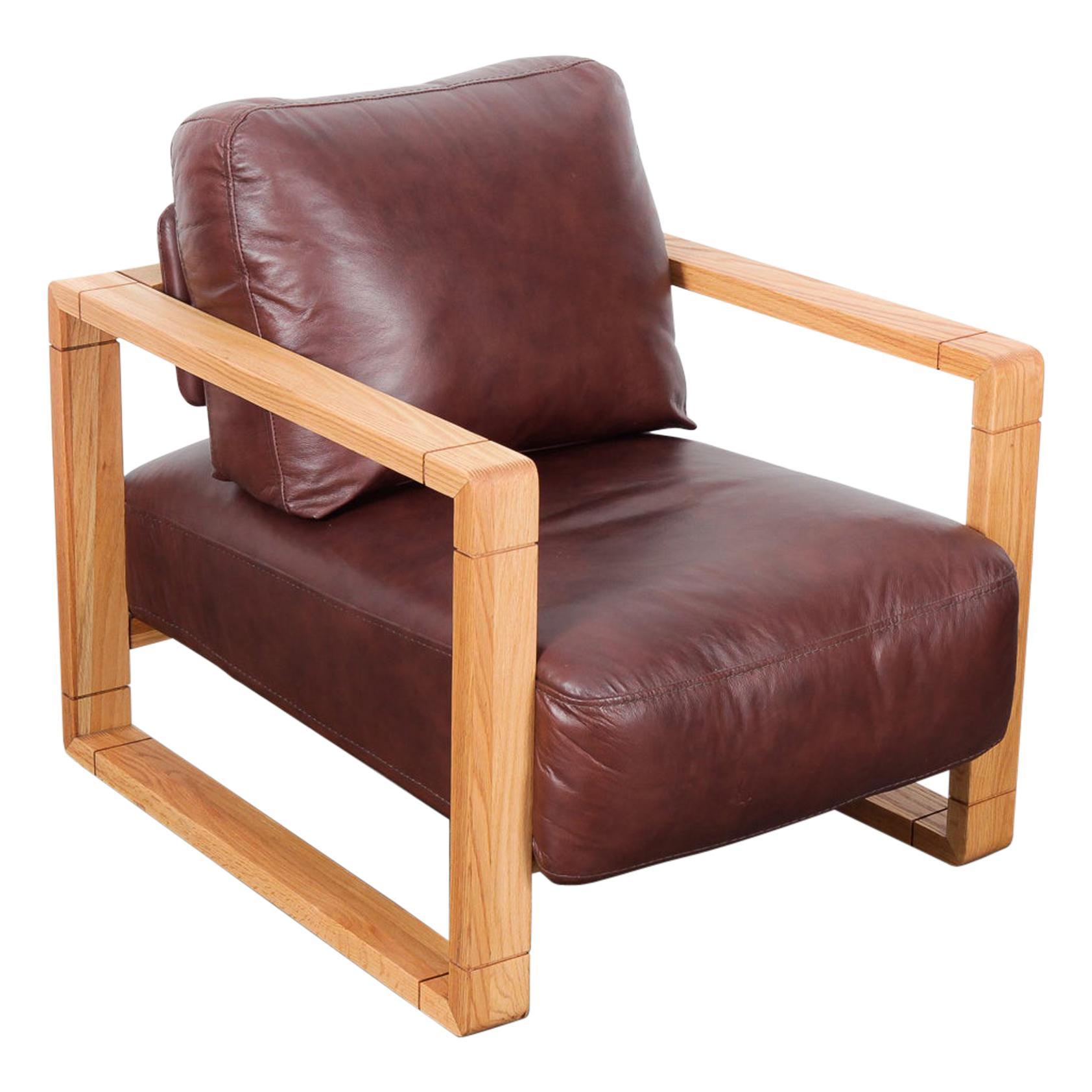 Swedish Solid Oak Framed Lounge Chair with Original Brown Leather