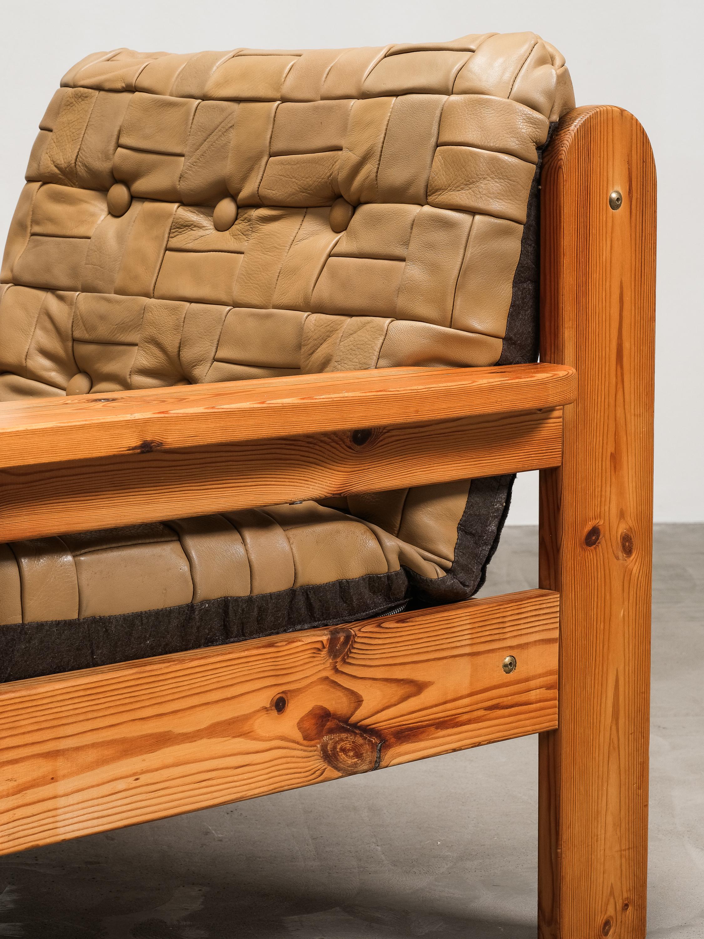 Swedish Solid Pine & Patchwork Leather Lounge Chair, 1970s For Sale 7