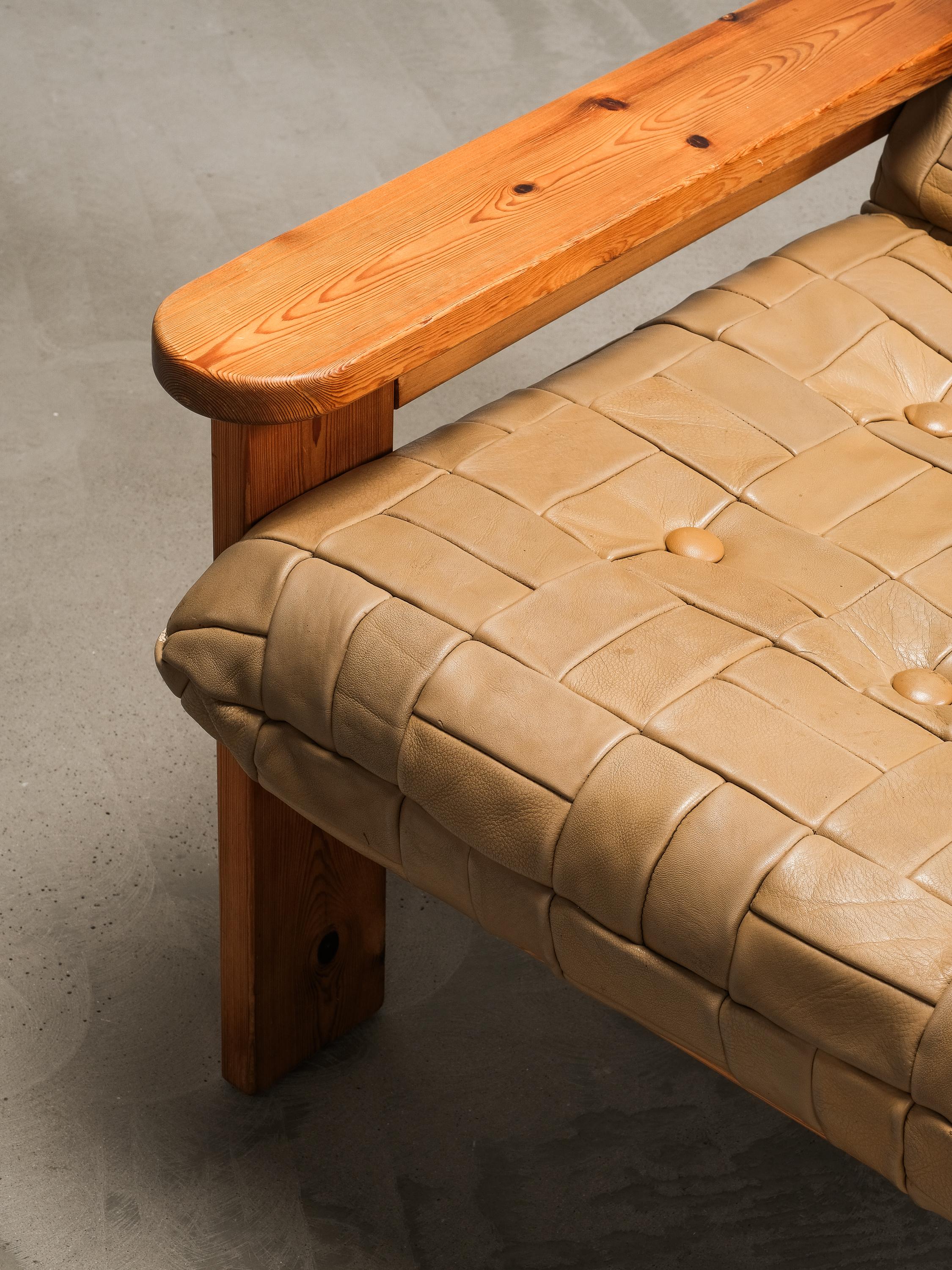 Late 20th Century Swedish Solid Pine & Patchwork Leather Lounge Chair, 1970s For Sale