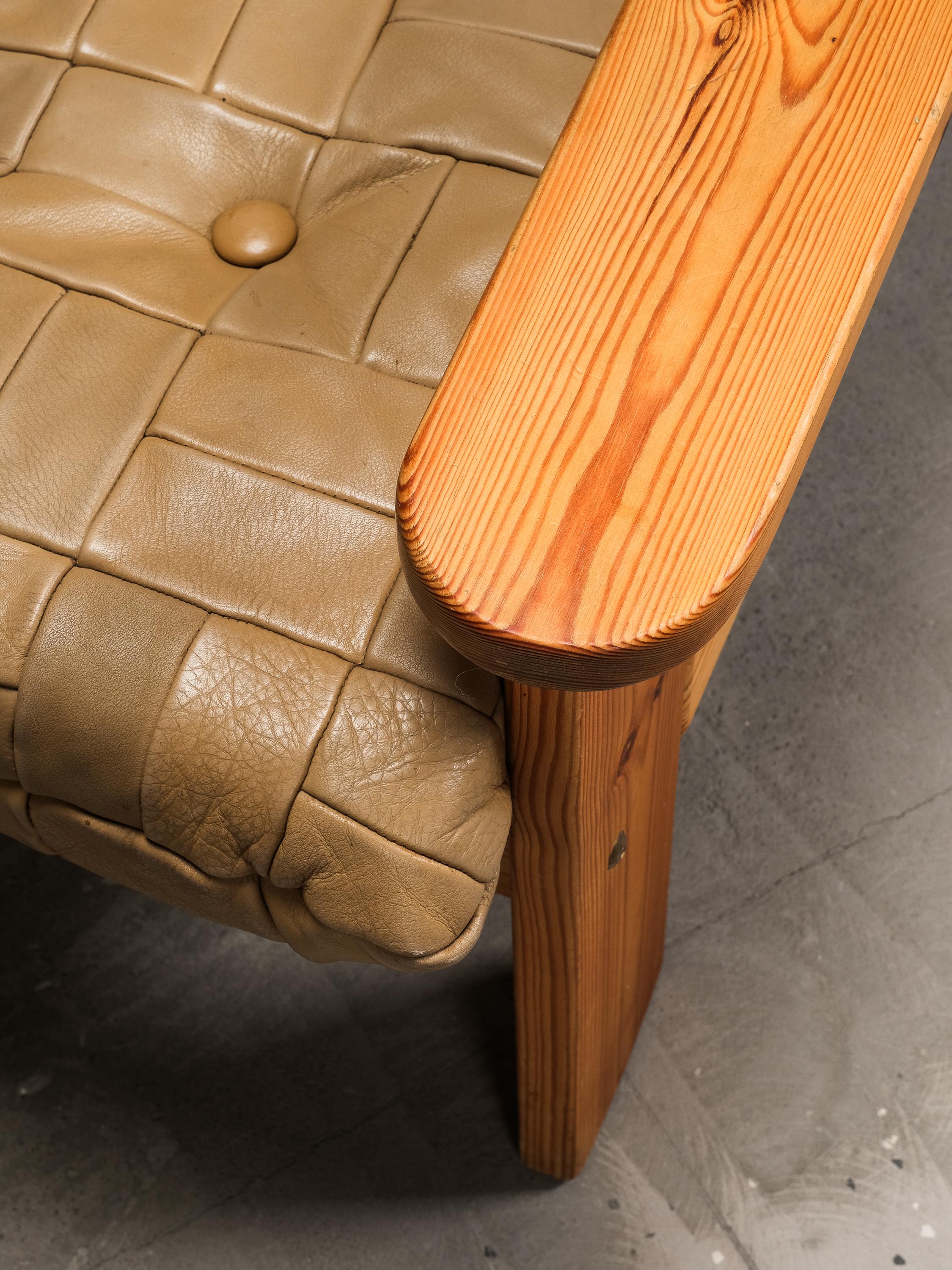 Swedish Solid Pine & Patchwork Leather Lounge Chair, 1970s For Sale 1