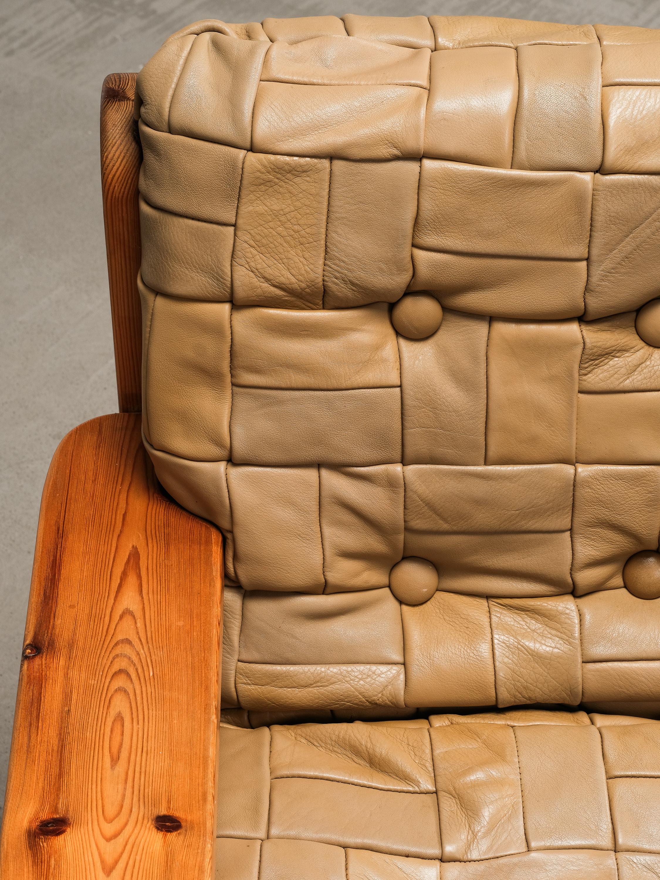 Swedish Solid Pine & Patchwork Leather Lounge Chair, 1970s For Sale 2