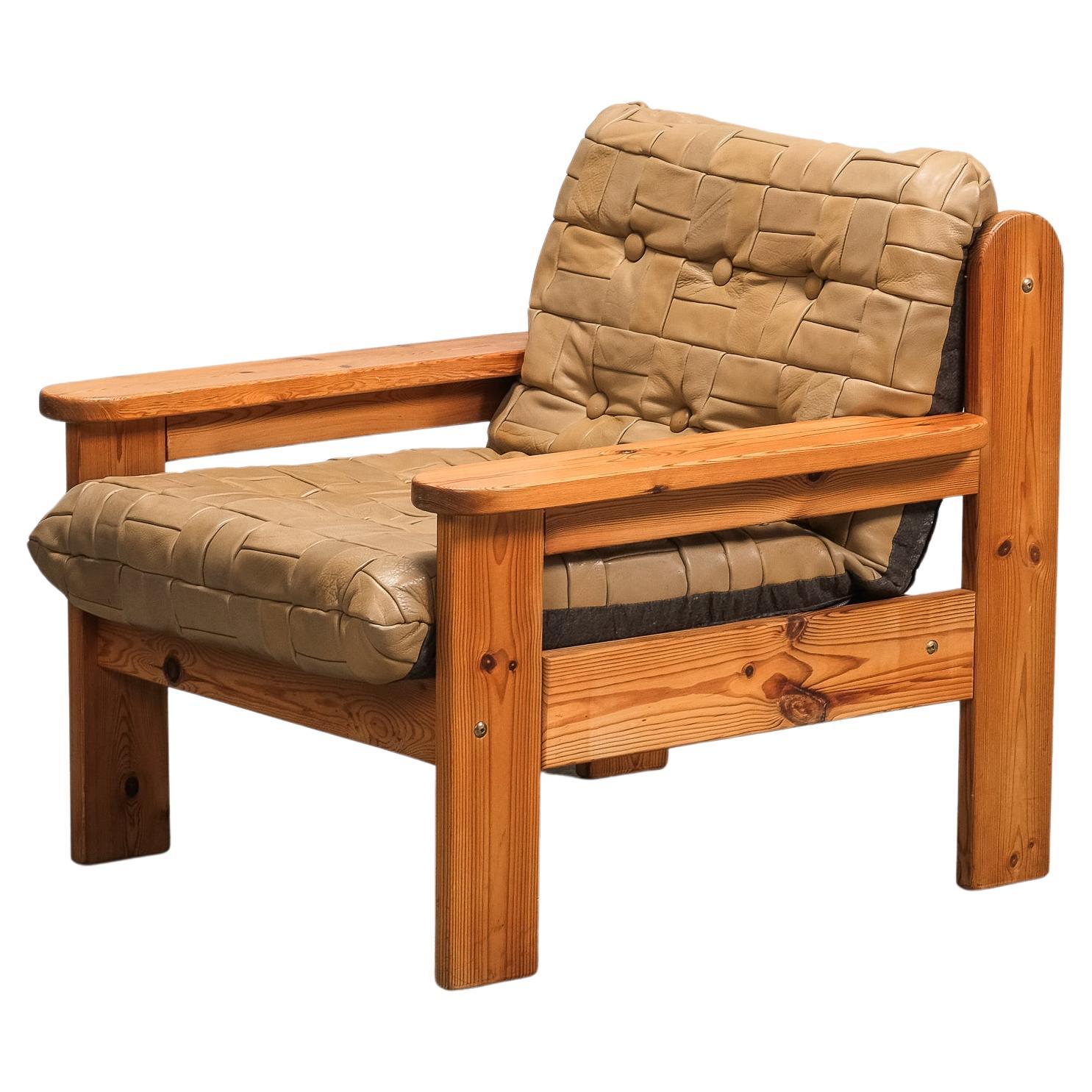 Swedish Solid Pine & Patchwork Leather Lounge Chair, 1970s