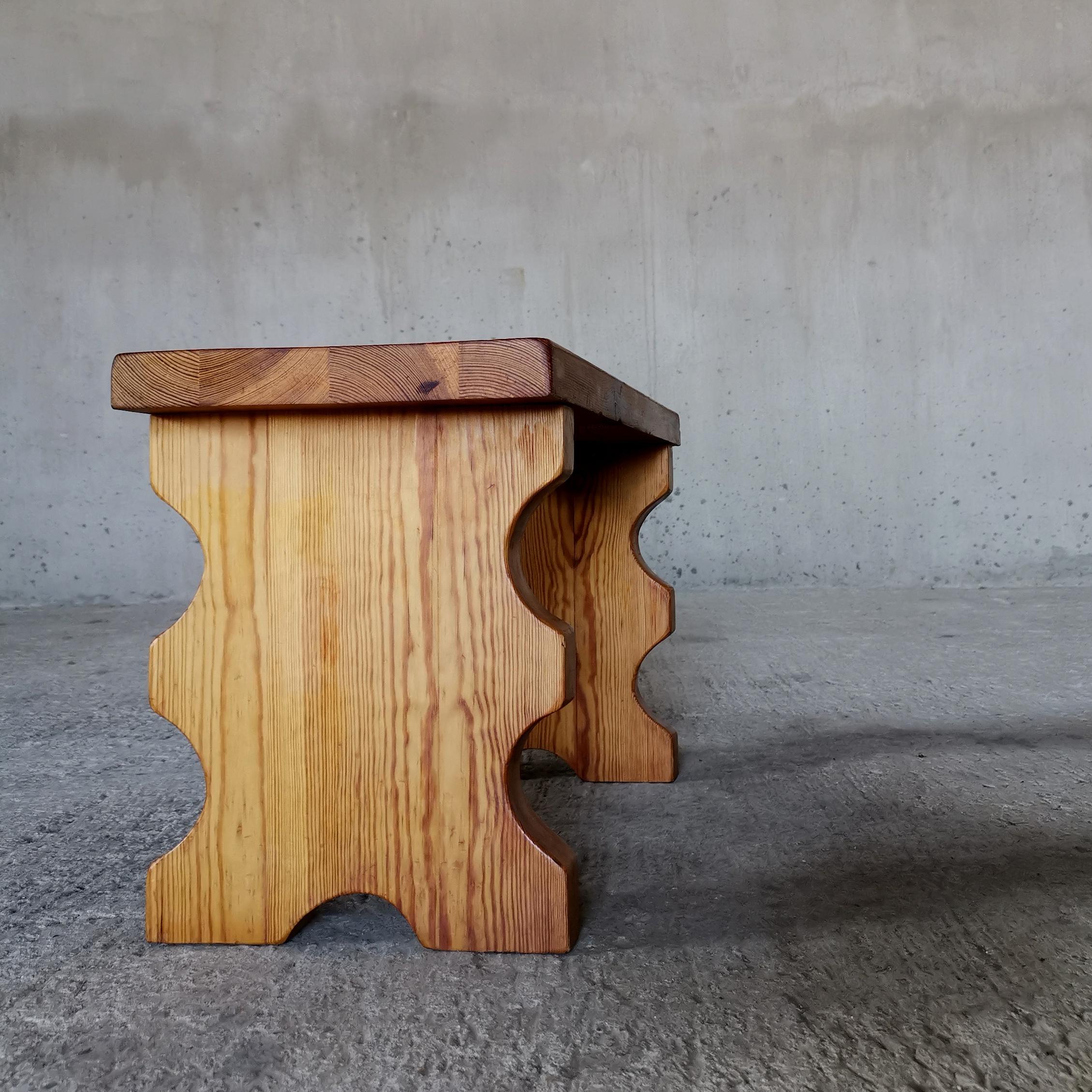 This Swedish solid pine stool/sidetable was made in the fall of 1976 by a local cabinetmaker in the the city of Uppsala, north of Stockholm. 
Where it was also acquired from the original owner.
With a 3.8 cm thick top and a width of 70 cm the stool