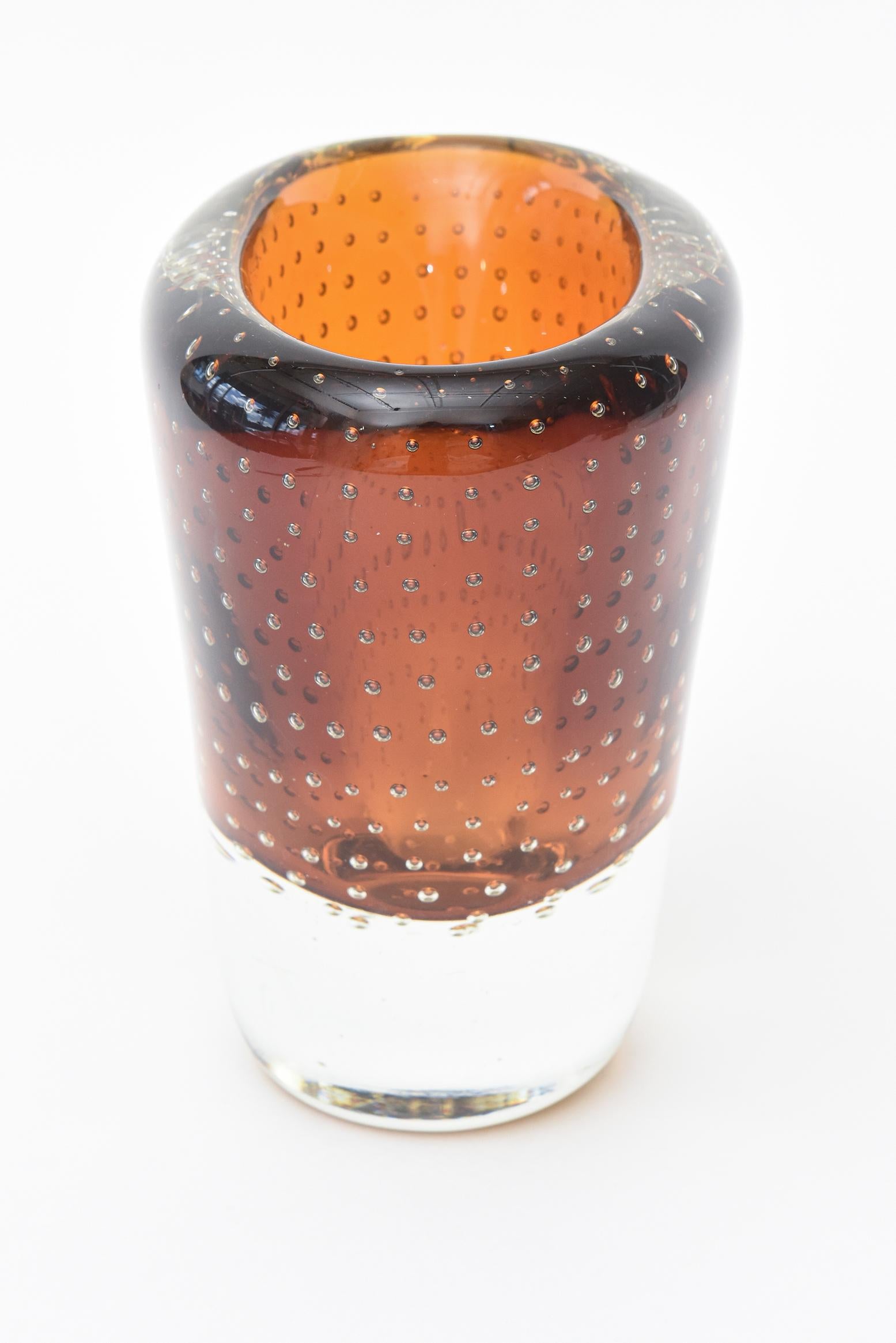 Swedish Sommerso Amber Glass Vase with Bullecante Vintage In Good Condition In North Miami, FL