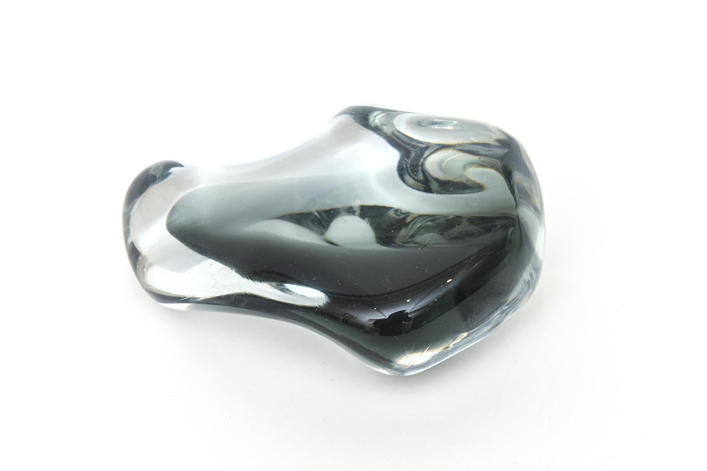 Blown Glass Swedish Sommerso Black Charcoal Gray Clear Abstract Freeform Glass Paperweight For Sale
