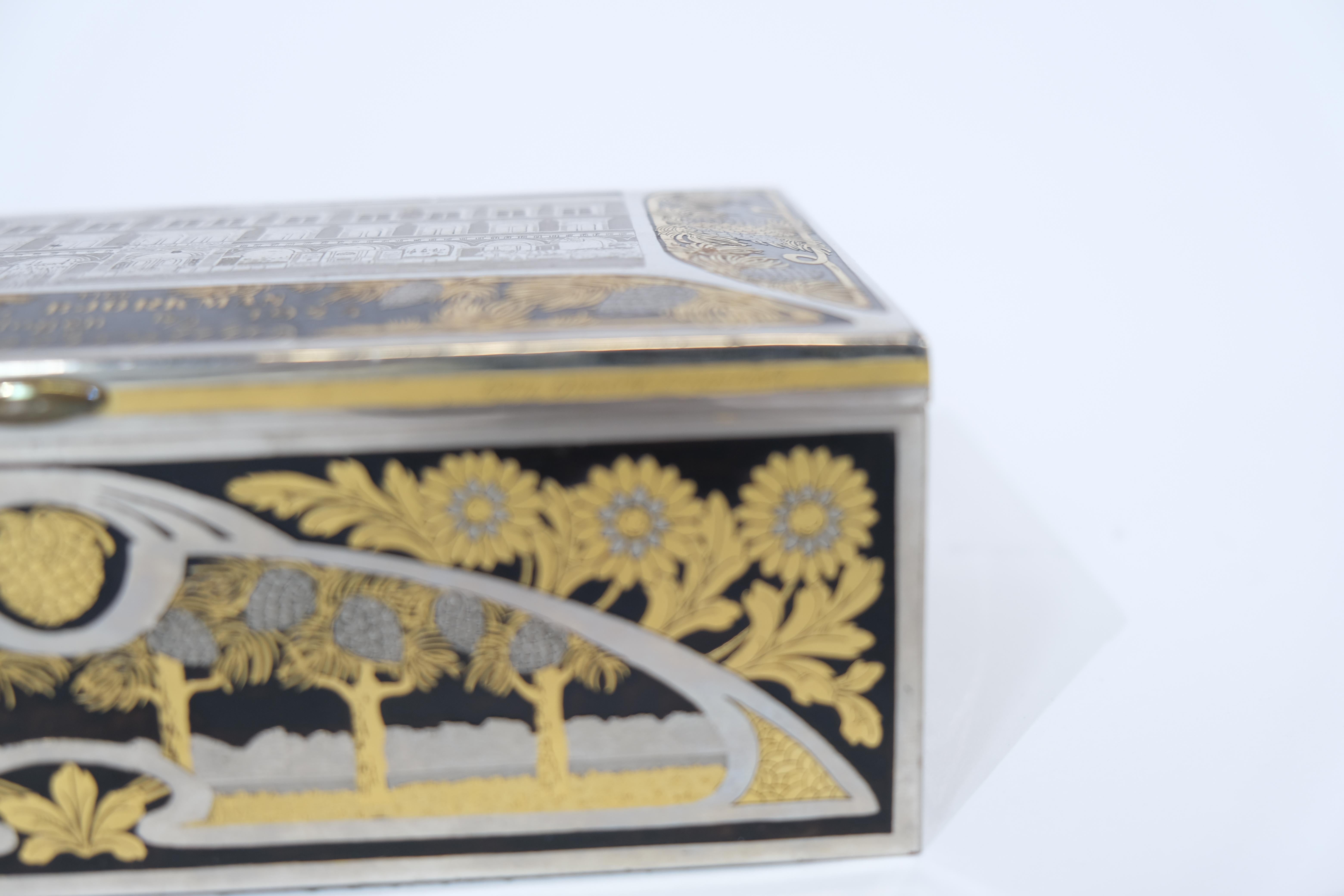 Early 20th Century Swedish Steelbox with Gilt and Blushed Engravings For Sale