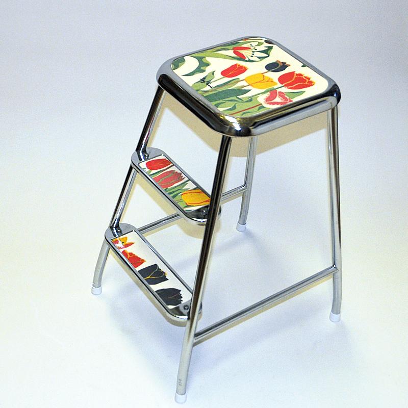Mid-Century Modern Swedish Step Stool with Flower decor and Chromed Steel by Awab 1950s