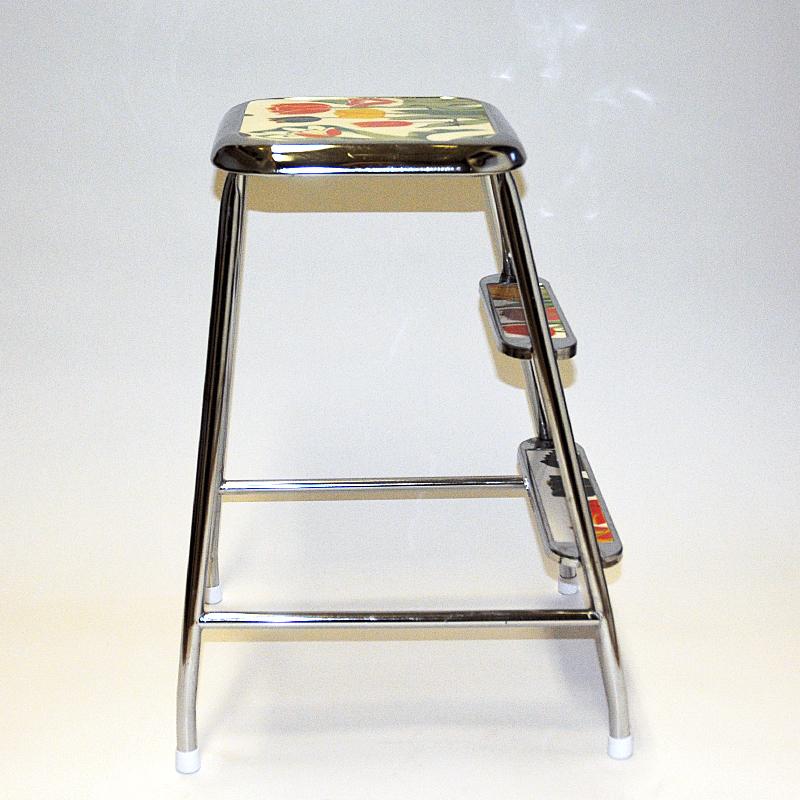 Swedish Step Stool with Flower decor and Chromed Steel by Awab 1950s In Good Condition In Stockholm, SE