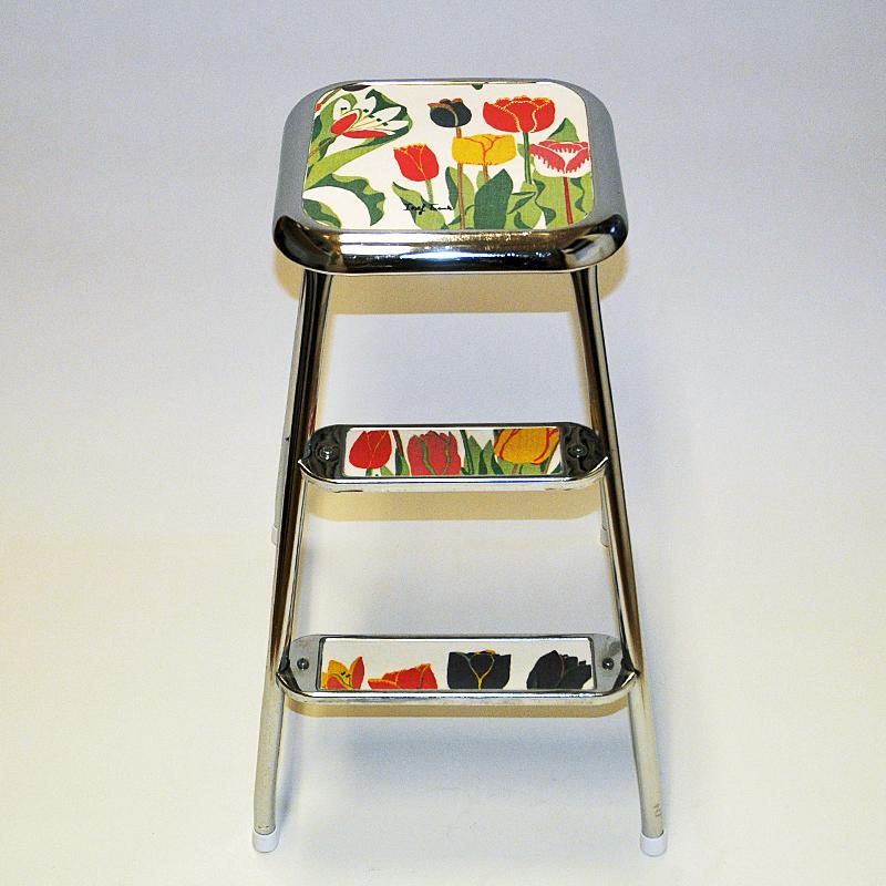 Mid-20th Century Swedish Step Stool with Flower decor and Chromed Steel by Awab 1950s