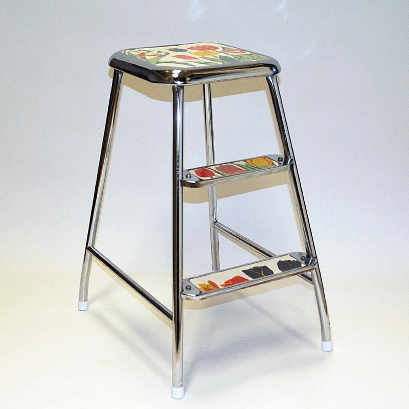 Stainless Steel Swedish Step Stool with Flower decor and Chromed Steel by Awab 1950s