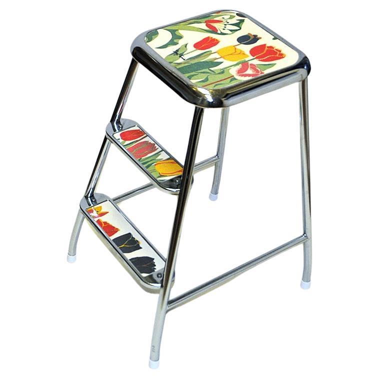 Swedish Step Stool with Flower decor and Chromed Steel by Awab 1950s