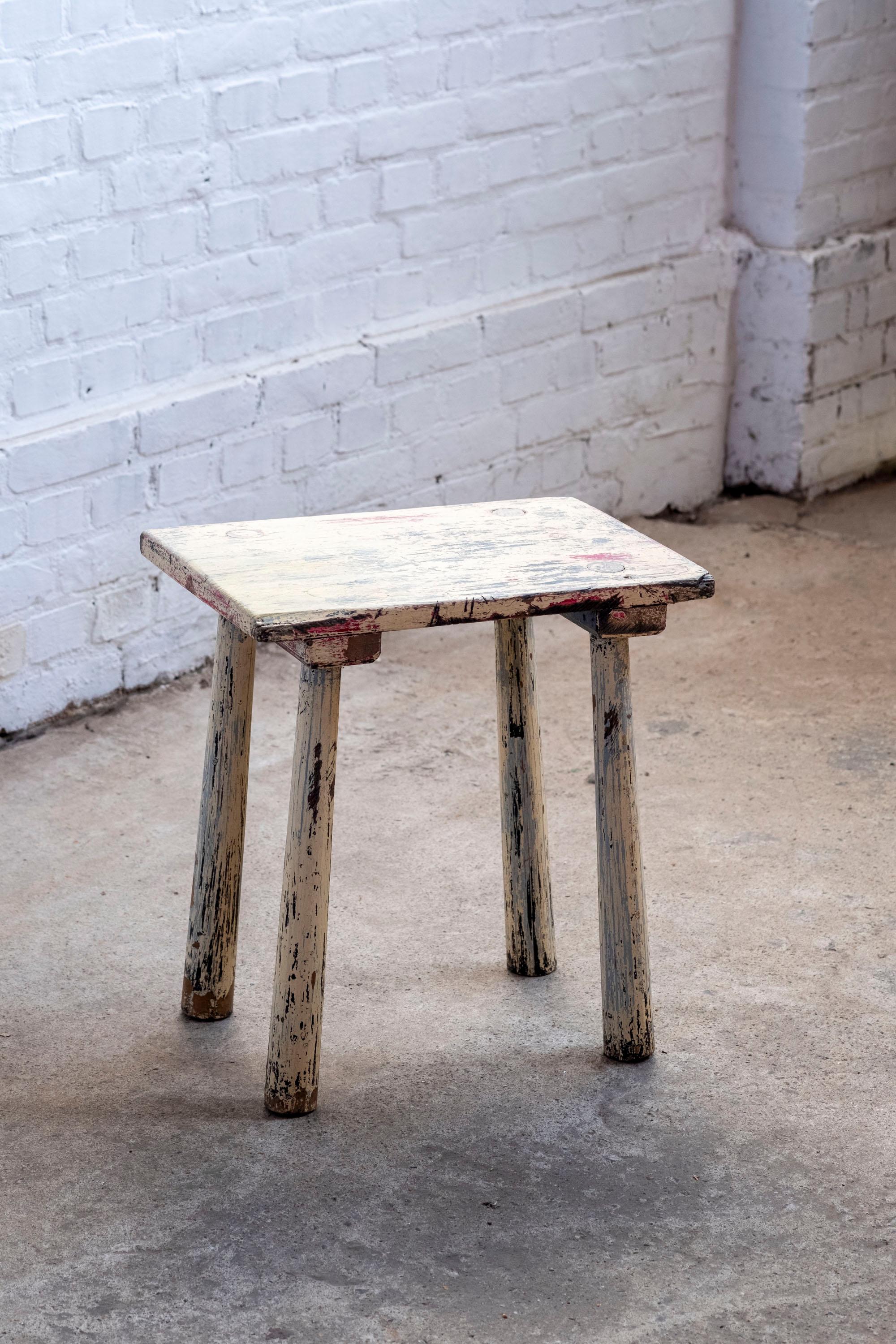 Authentic Swedish stool made in the 19th century, estimated mid to late 19th century.
Wonderful sturdy joinery. Has been previously scraped and shows all the previous layers of paint which shows its history in the playful layer of colours.
Can be