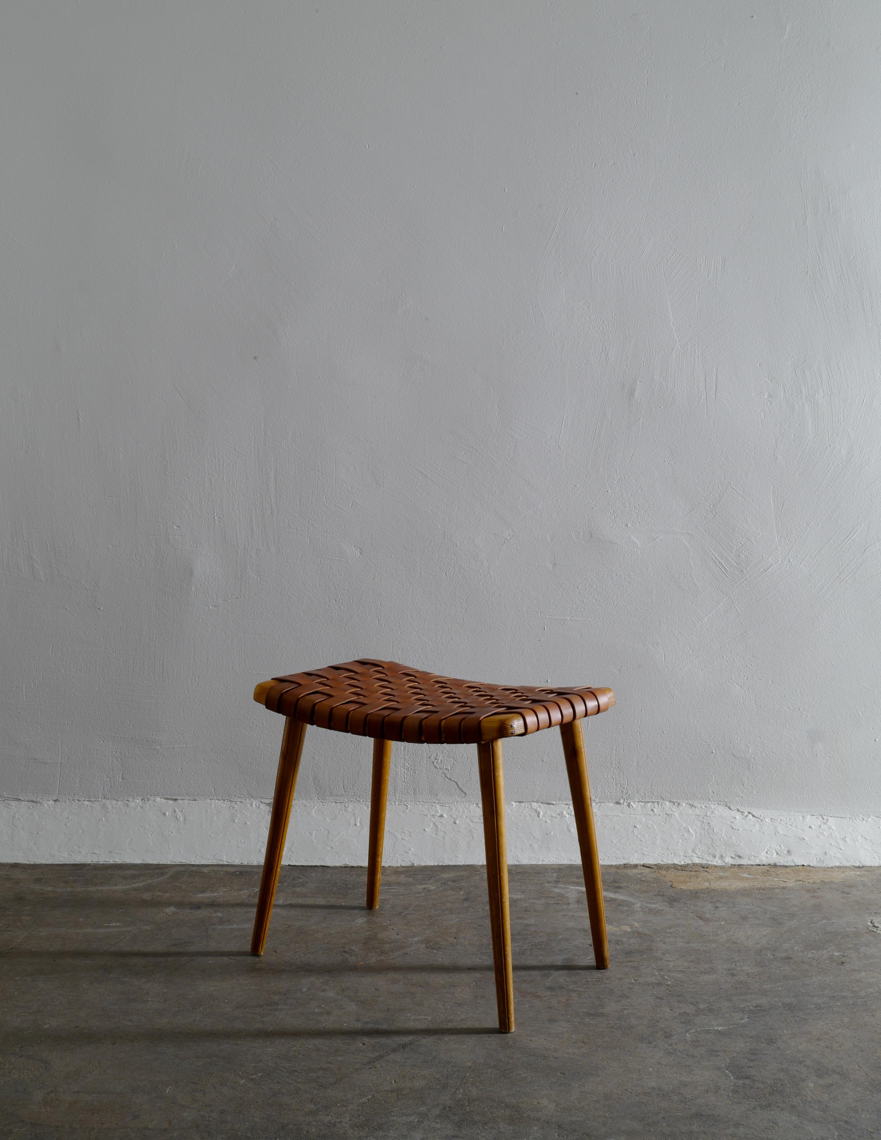 Stained Swedish Stool in Pine and Leather, 1960s