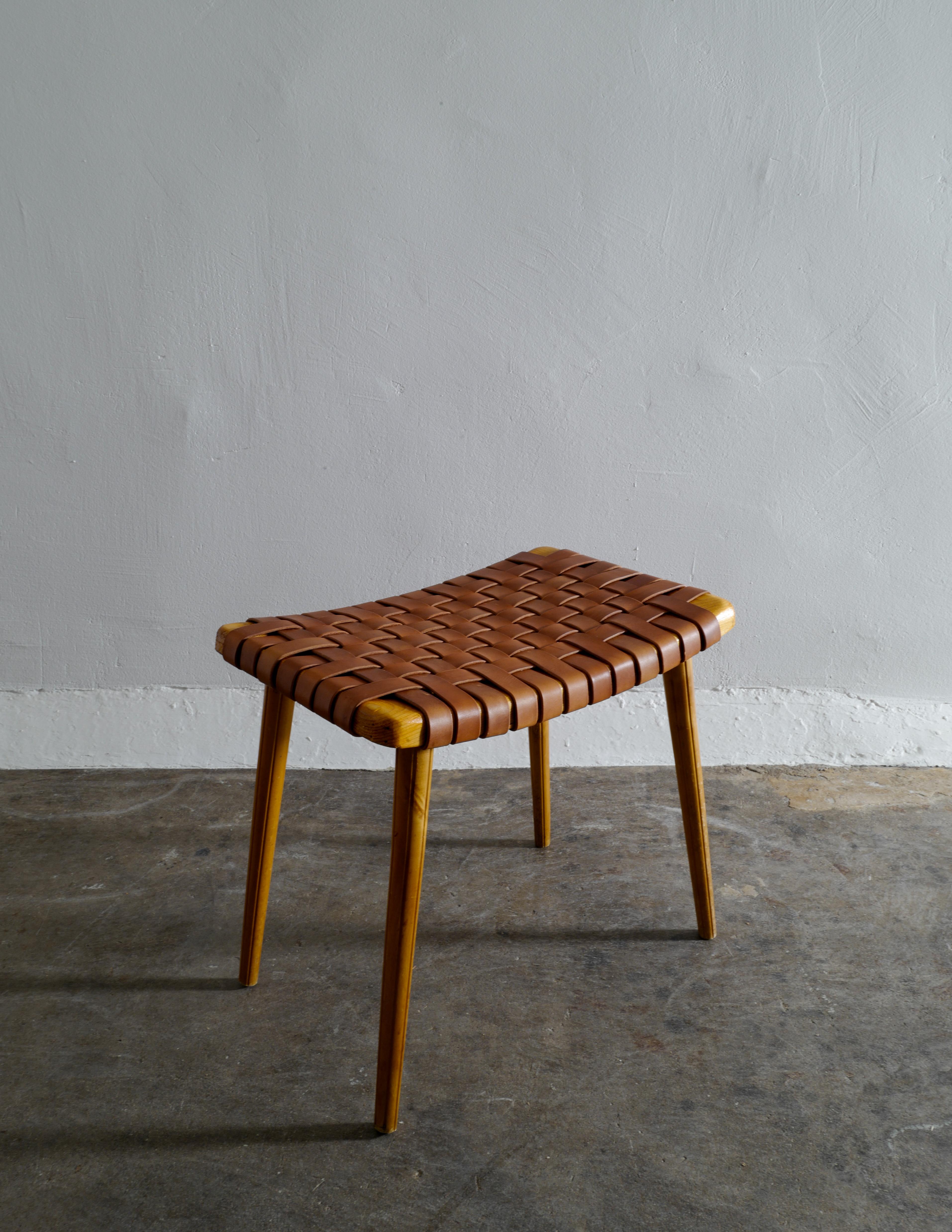 Swedish Stool in Pine and Leather, 1960s In Good Condition In Stockholm, SE