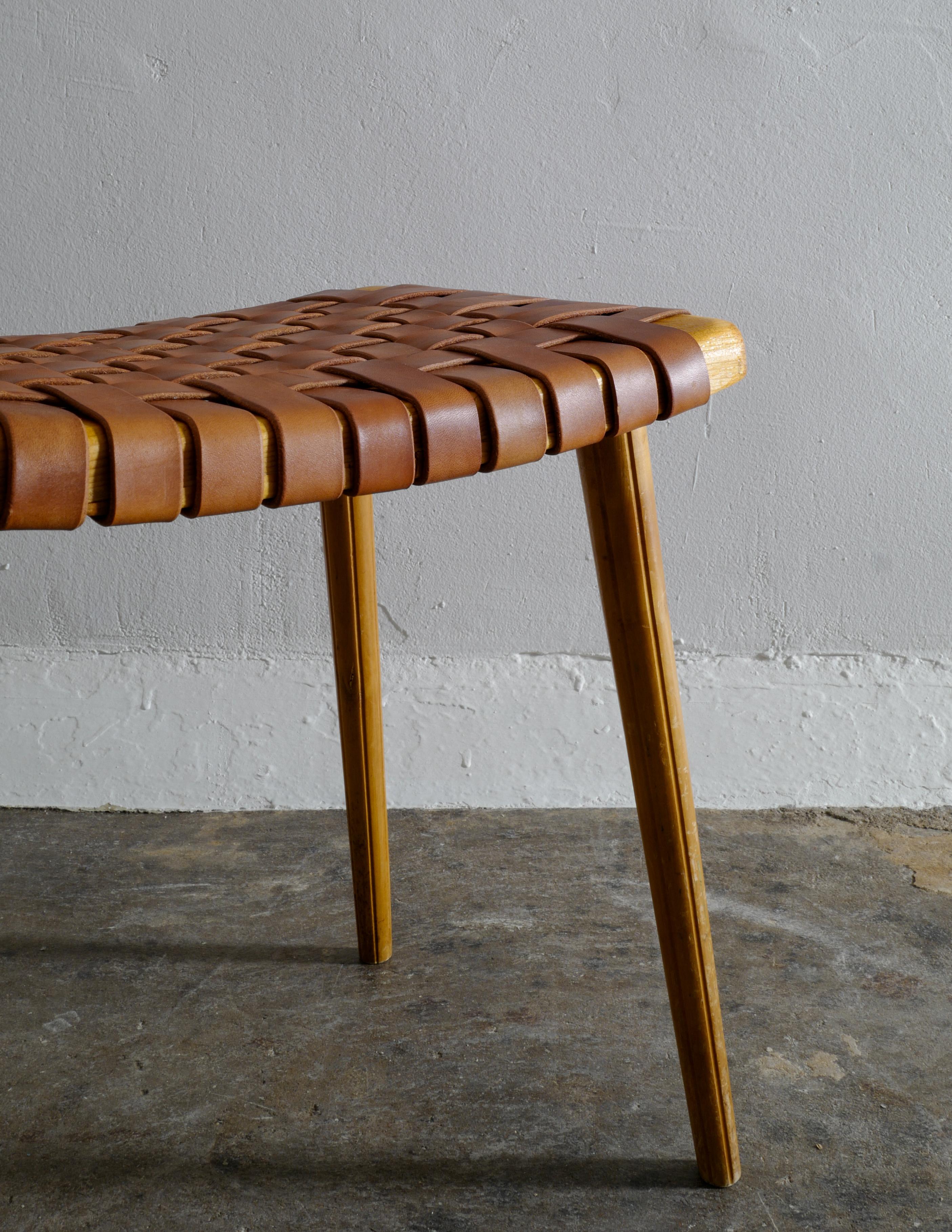 Mid-20th Century Swedish Stool in Pine and Leather, 1960s