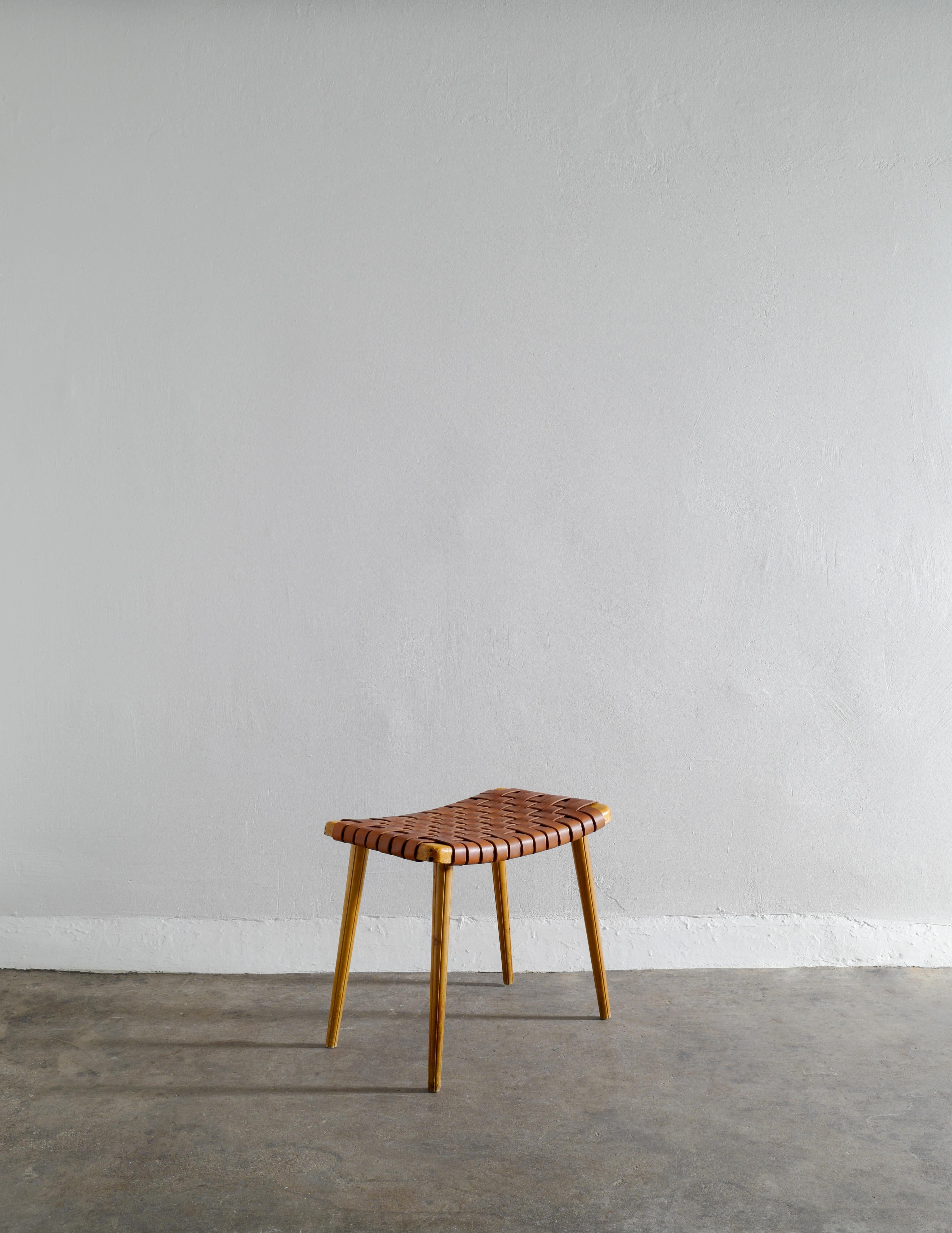 Scandinavian Modern Swedish Stool Side Table in Pine and Cognac Brown Leather Produced in the 1940s 