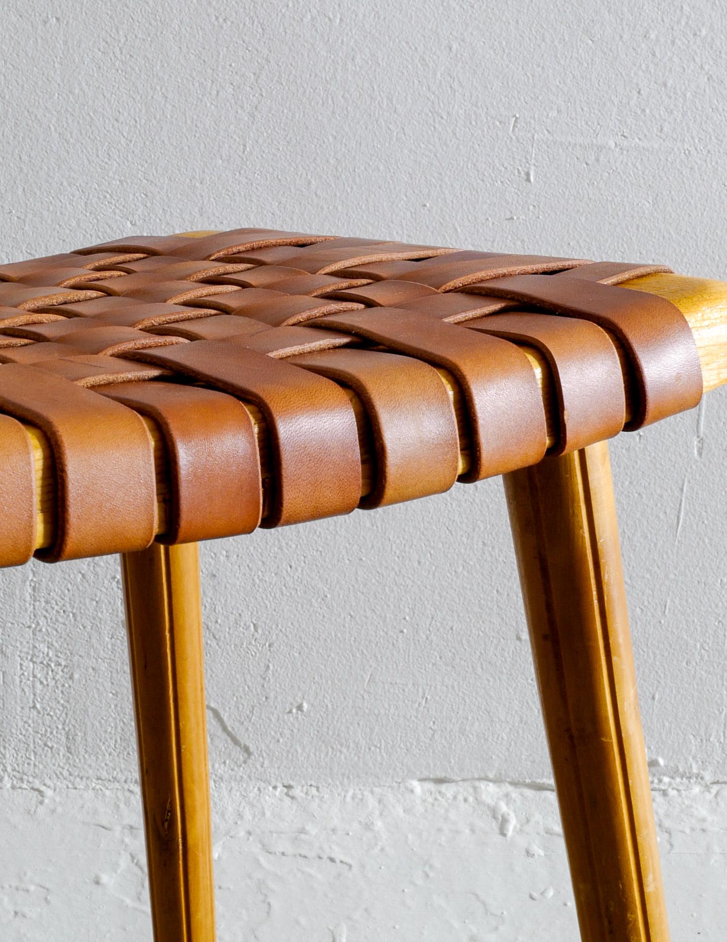 Mid-20th Century Swedish Stool Side Table in Pine and Cognac Brown Leather Produced in the 1940s 