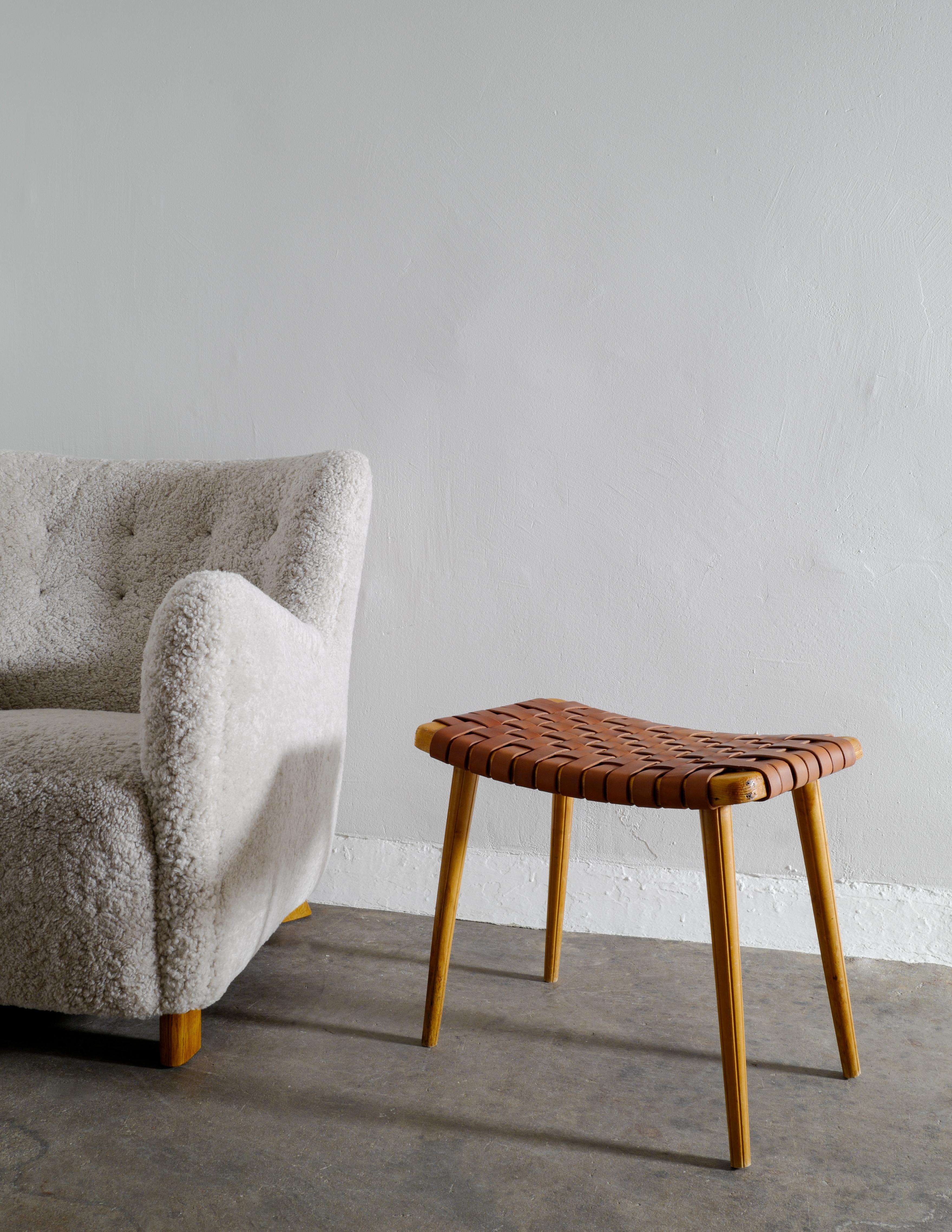 Swedish Stool Side Table in Pine and Cognac Brown Leather Produced in the 1940s  1