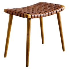 Swedish Stool Side Table in Pine and Cognac Brown Leather Produced in the 1940s 